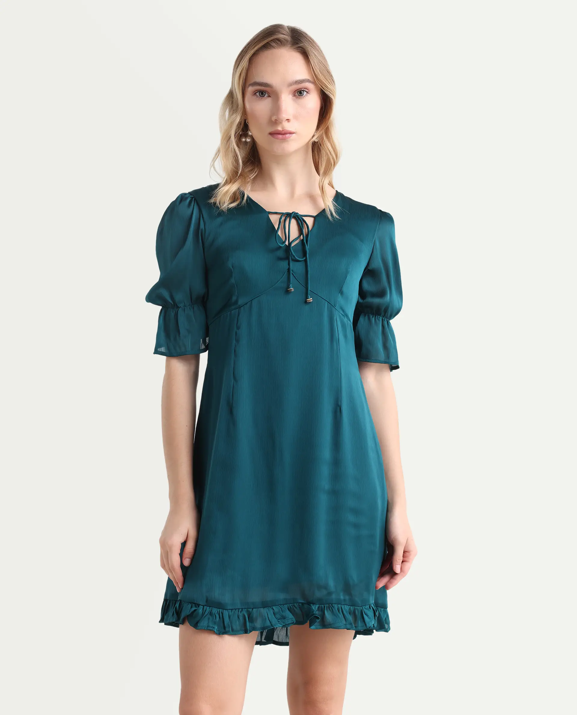 Rareism Women's Betty-Green V-Neck Plain Puff Sleeves Knee Length Tailored Dress - Image 3