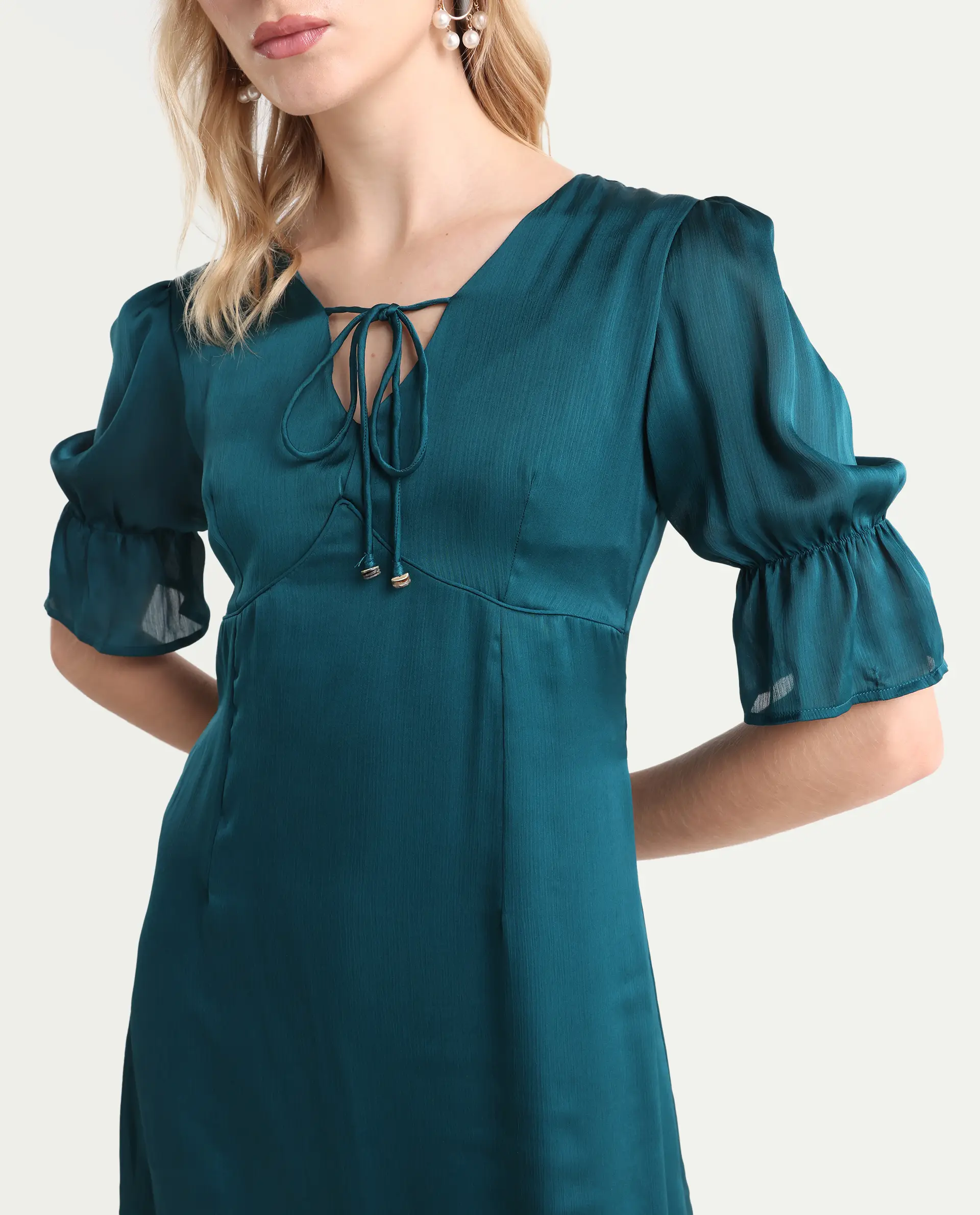 Rareism Women's Betty-Green V-Neck Plain Puff Sleeves Knee Length Tailored Dress - Image 4