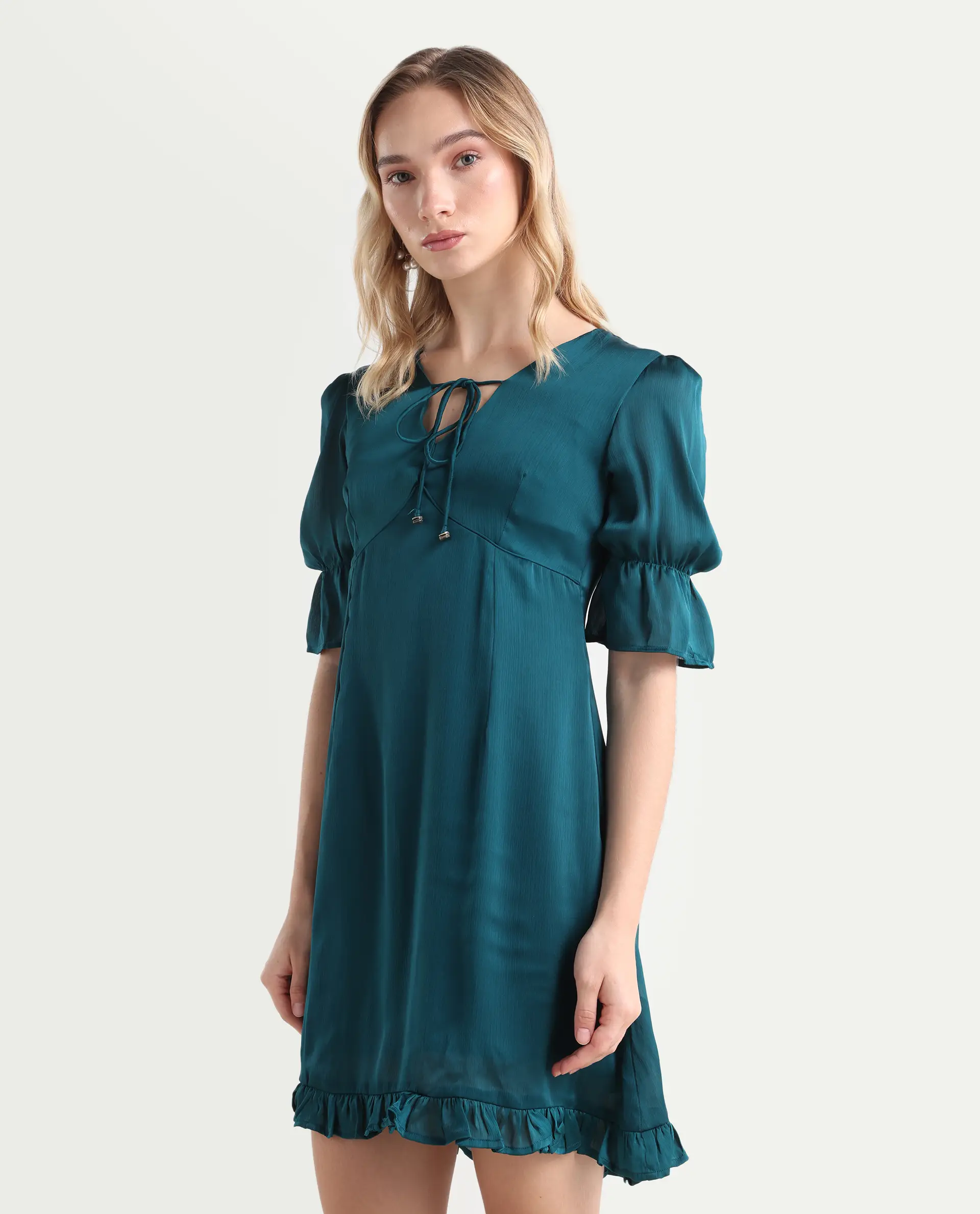 Rareism Women's Betty-Green V-Neck Plain Puff Sleeves Knee Length Tailored Dress - Image 5