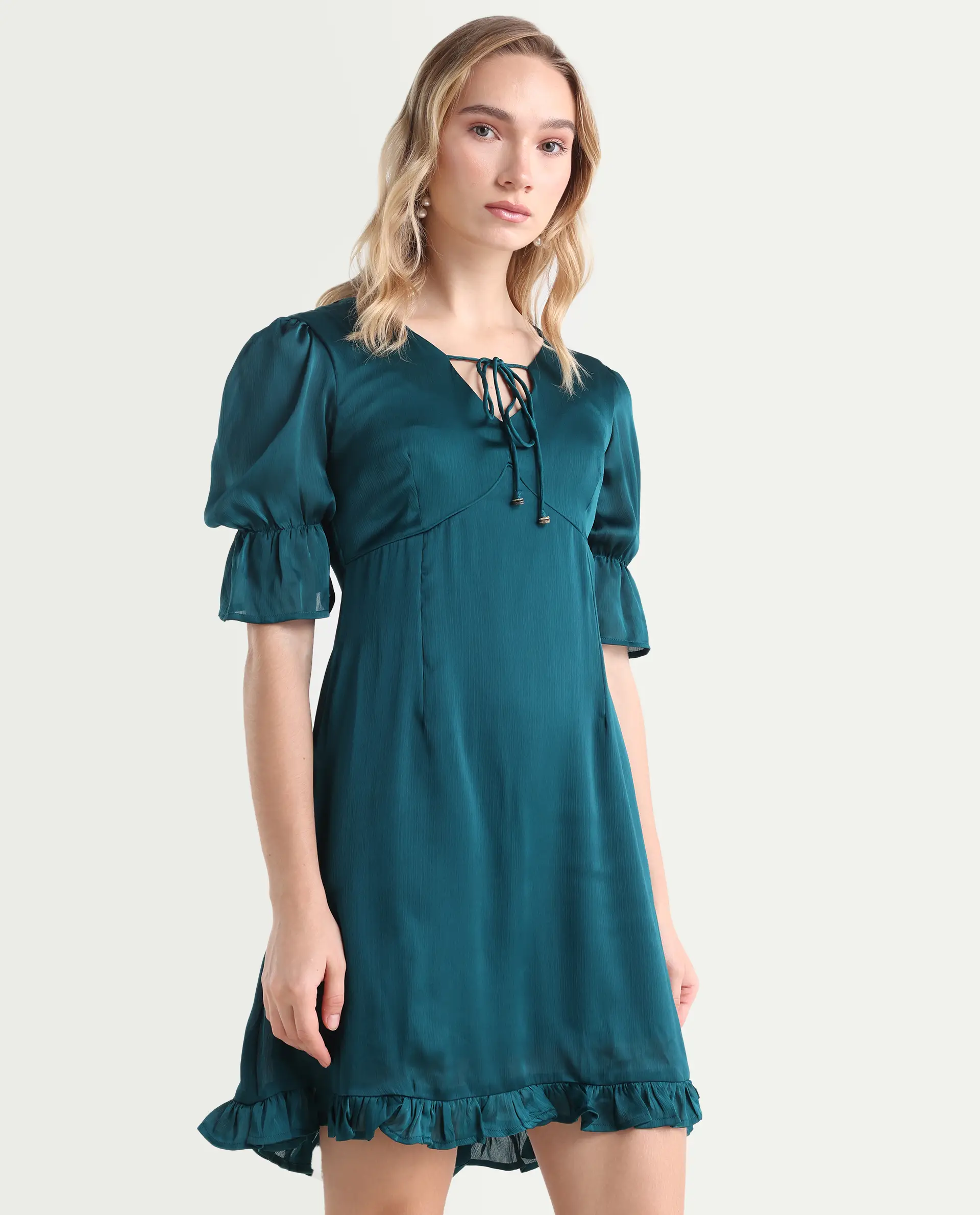 Rareism Women's Betty-Green V-Neck Plain Puff Sleeves Knee Length Tailored Dress - Image 6