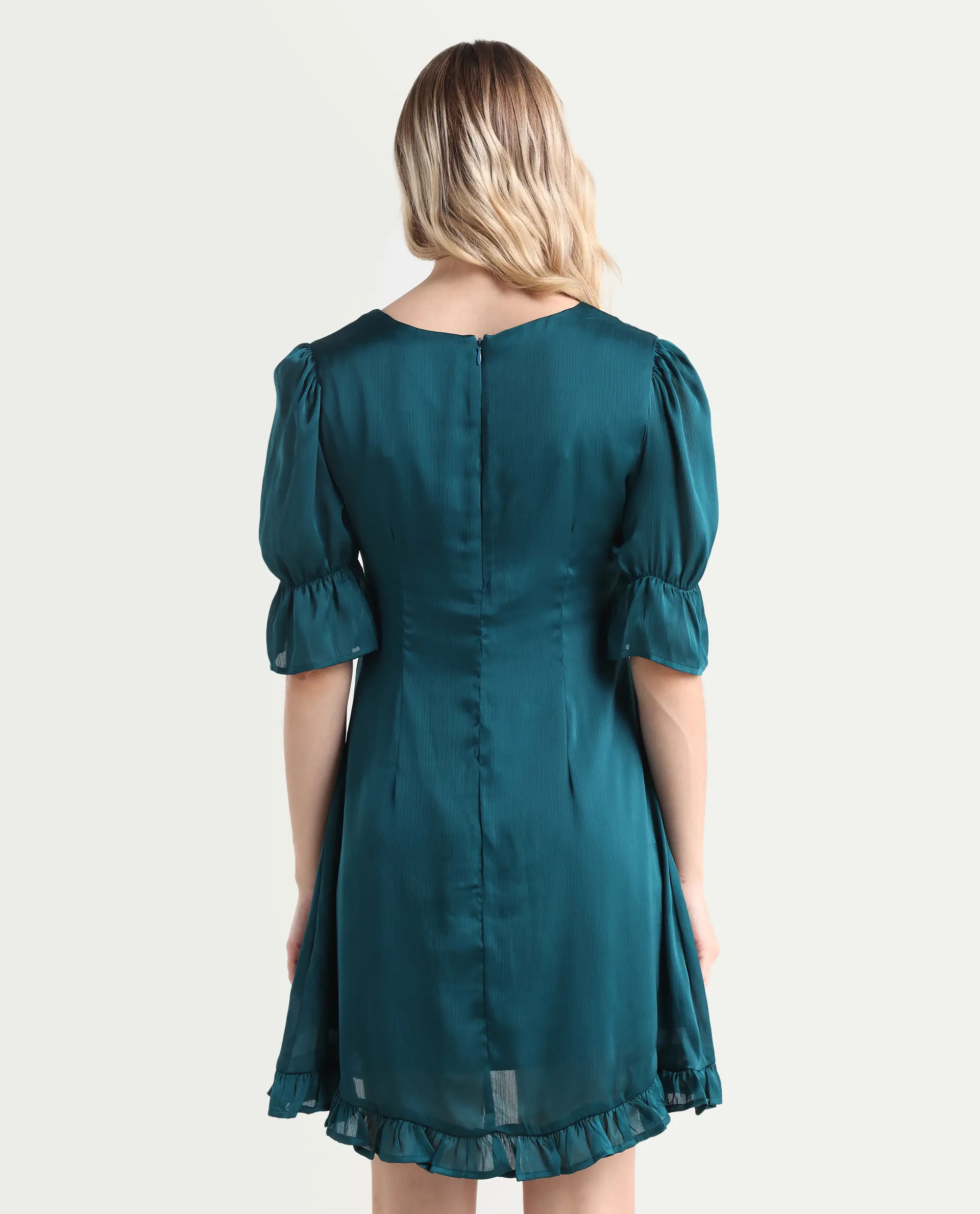 Rareism Women's Betty-Green V-Neck Plain Puff Sleeves Knee Length Tailored Dress - Image 7