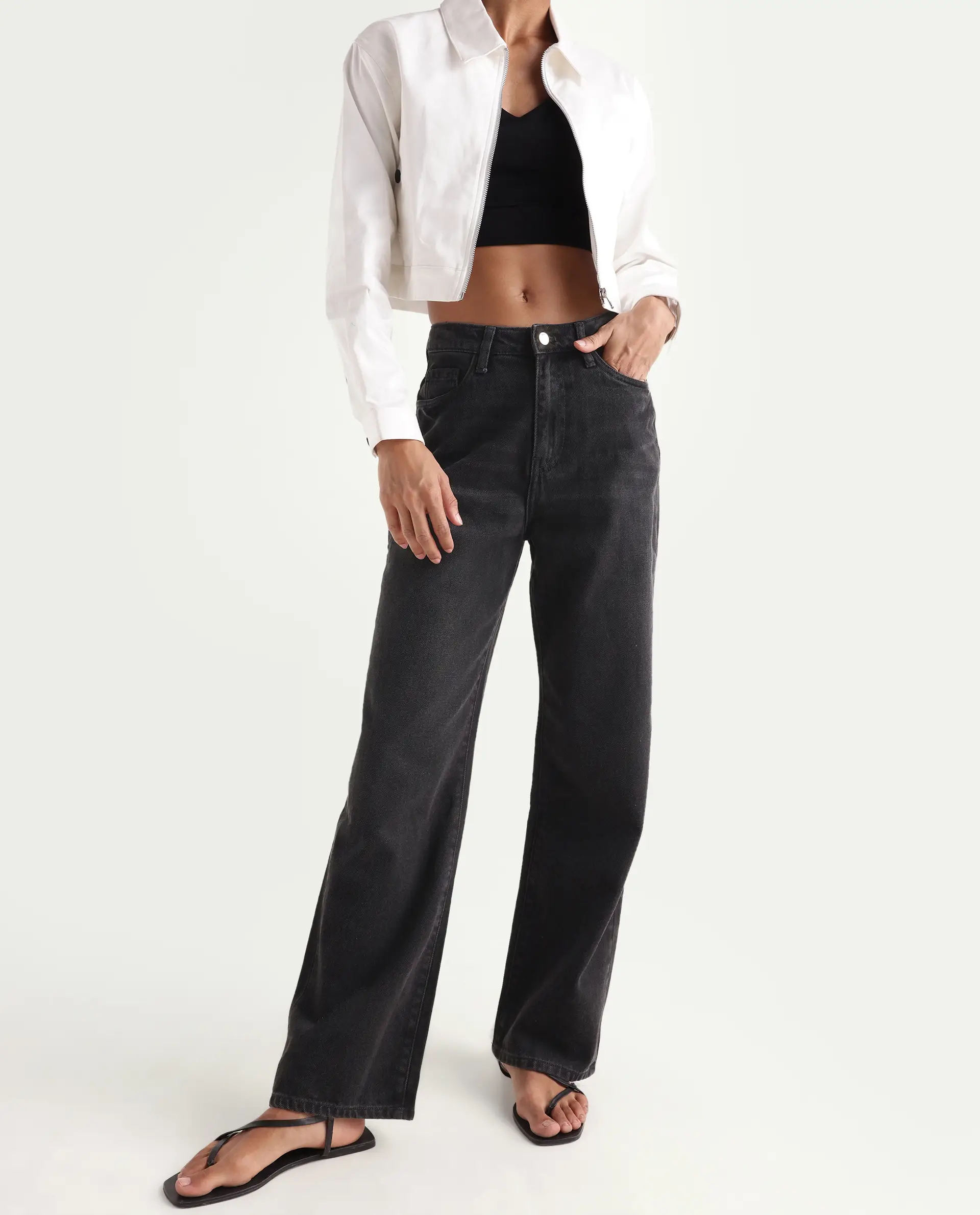 Rareism Women's Beuro Black Cotton Blend Plain Ankle Length Straight Fit Jeans - Image 2