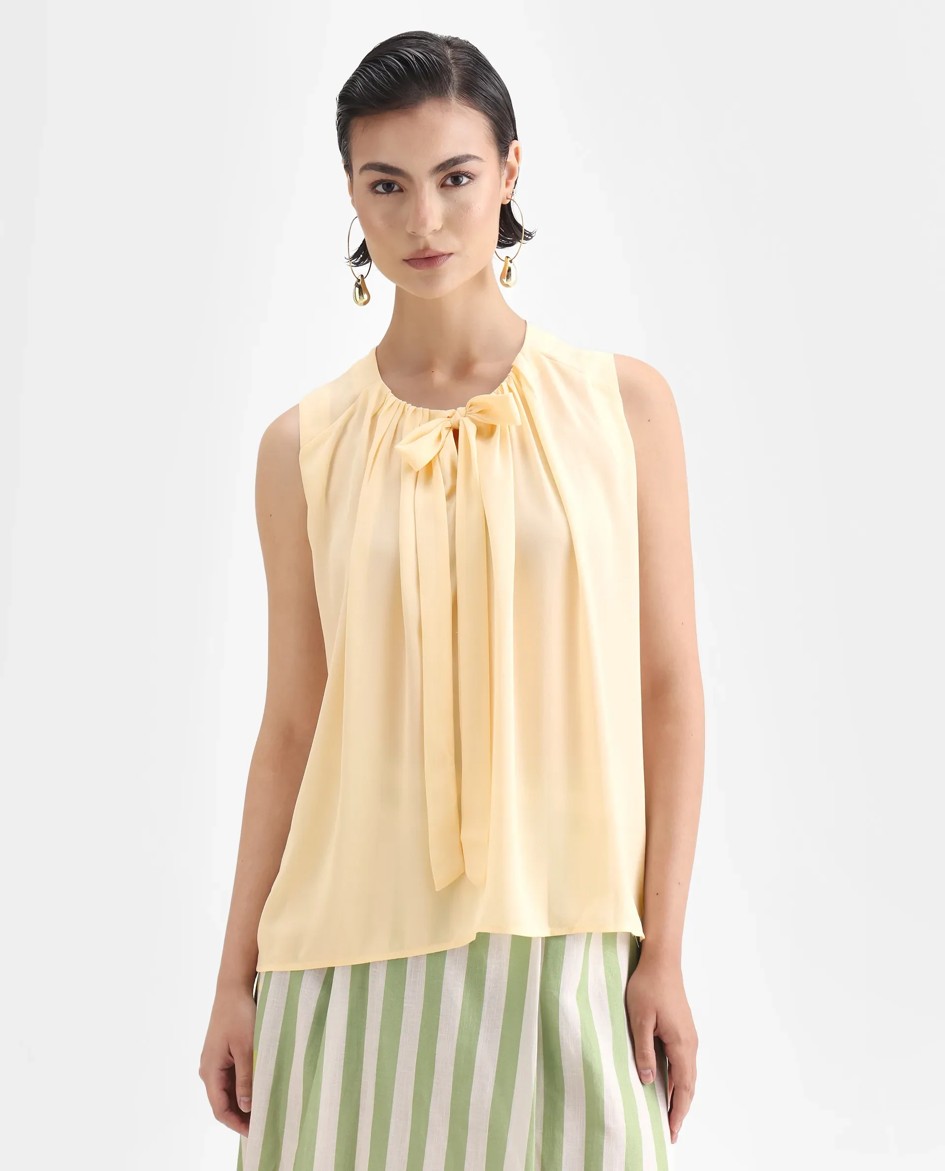 Rareism Women's Beverly Beige Polyester Tie-Up Neck Plain Sleeveless Relaxed Fit Top - Image 3