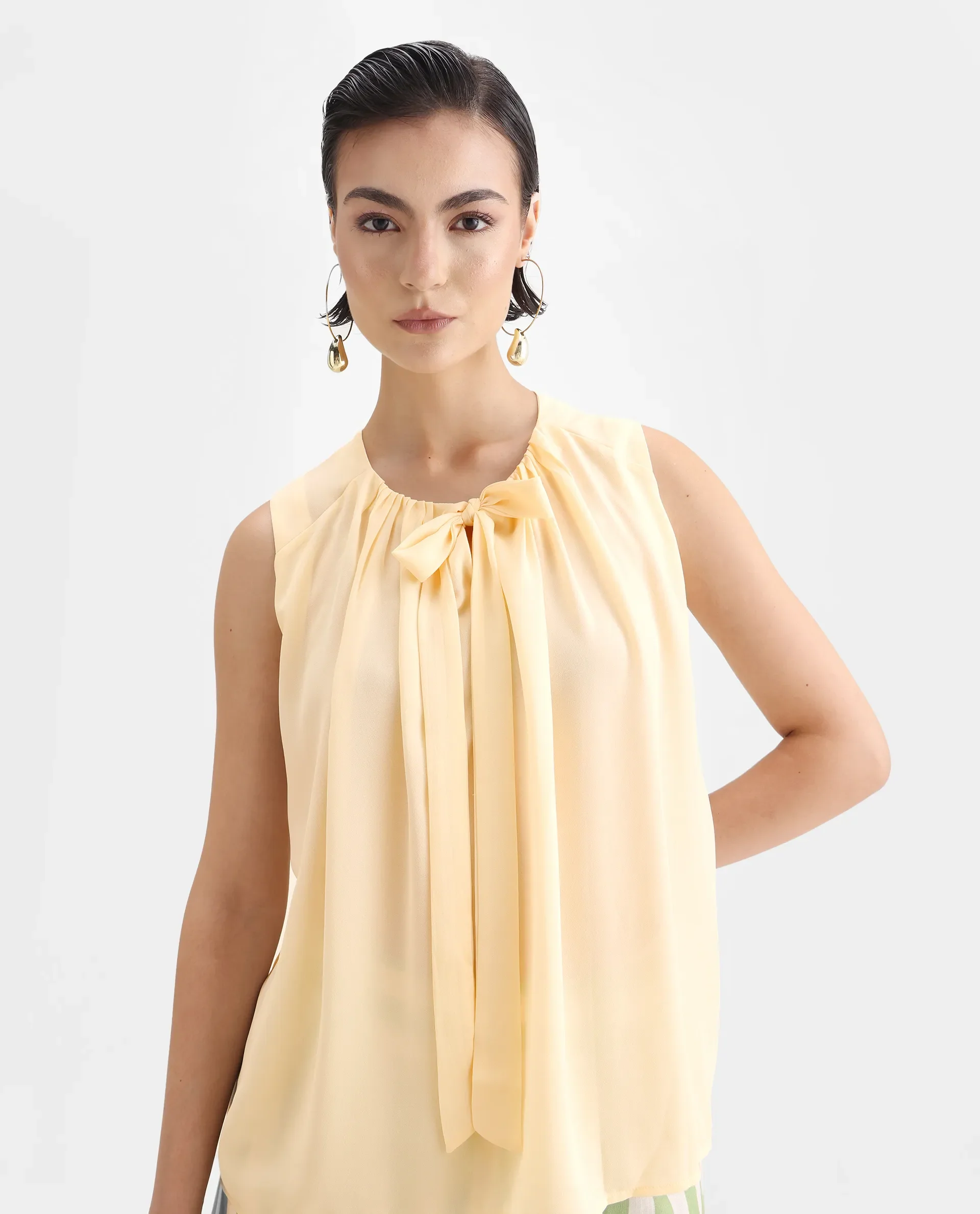 Rareism Women's Beverly Beige Polyester Tie-Up Neck Plain Sleeveless Relaxed Fit Top - Image 4