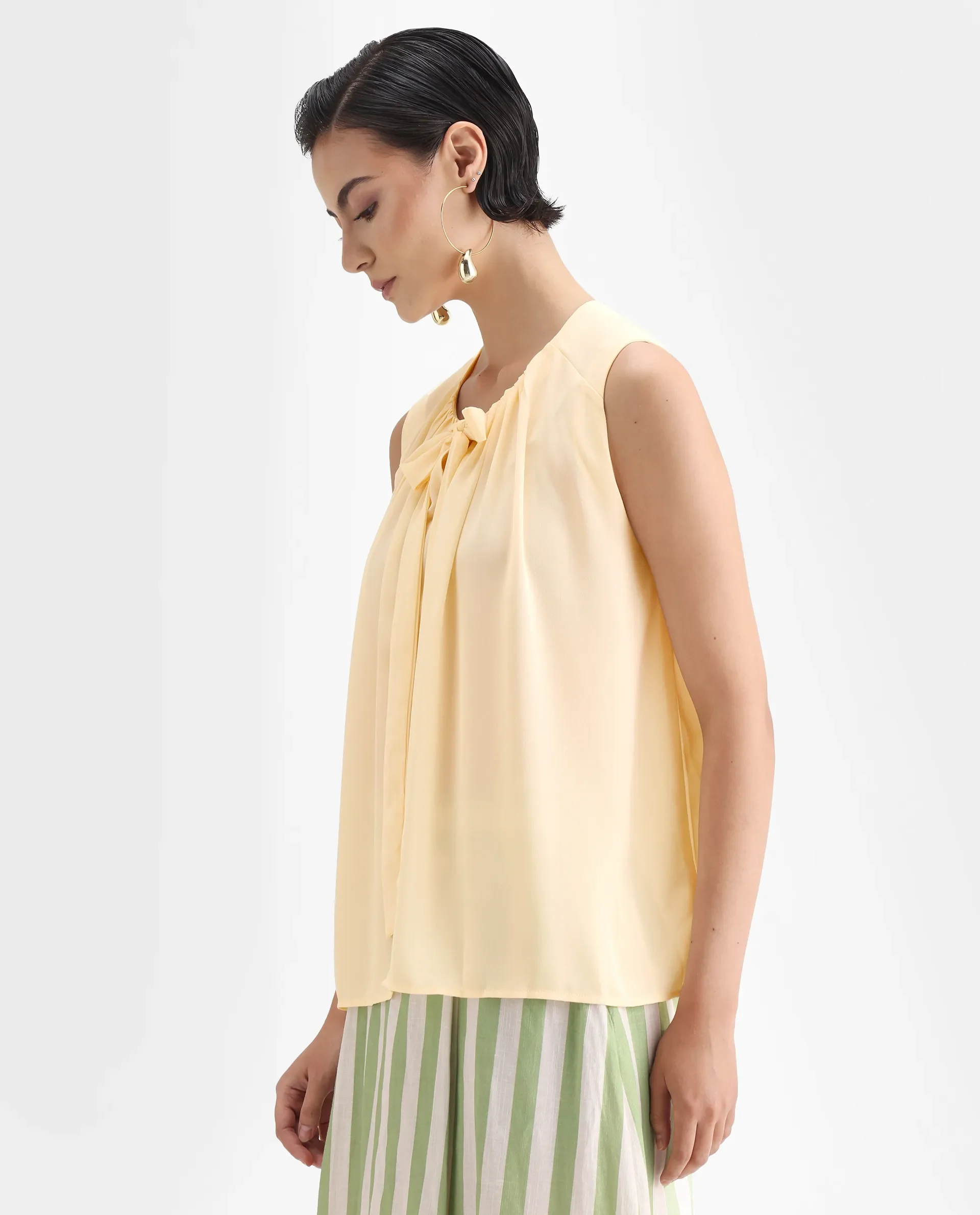 Rareism Women's Beverly Beige Polyester Tie-Up Neck Plain Sleeveless Relaxed Fit Top - Image 5