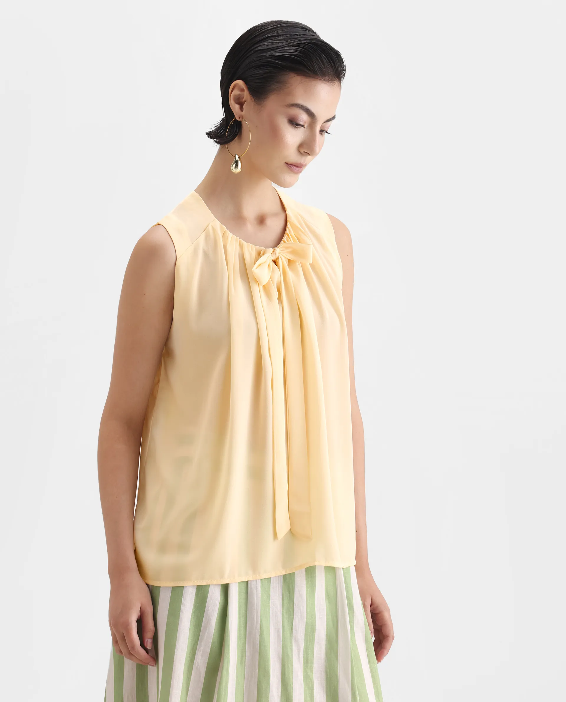 Rareism Women's Beverly Beige Polyester Tie-Up Neck Plain Sleeveless Relaxed Fit Top - Image 6