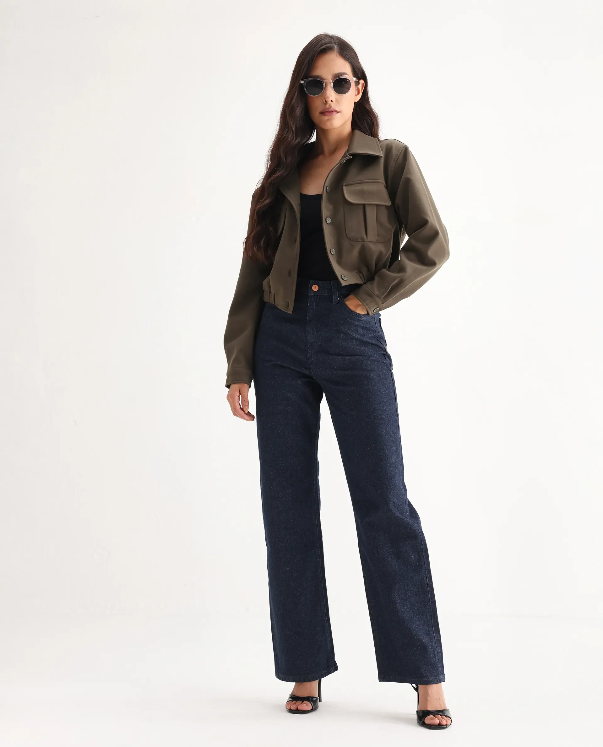 Rareism Women's Bewak Dark Blue Cotton Blend Plain Ankle Length Smart Straight Fit Jeans