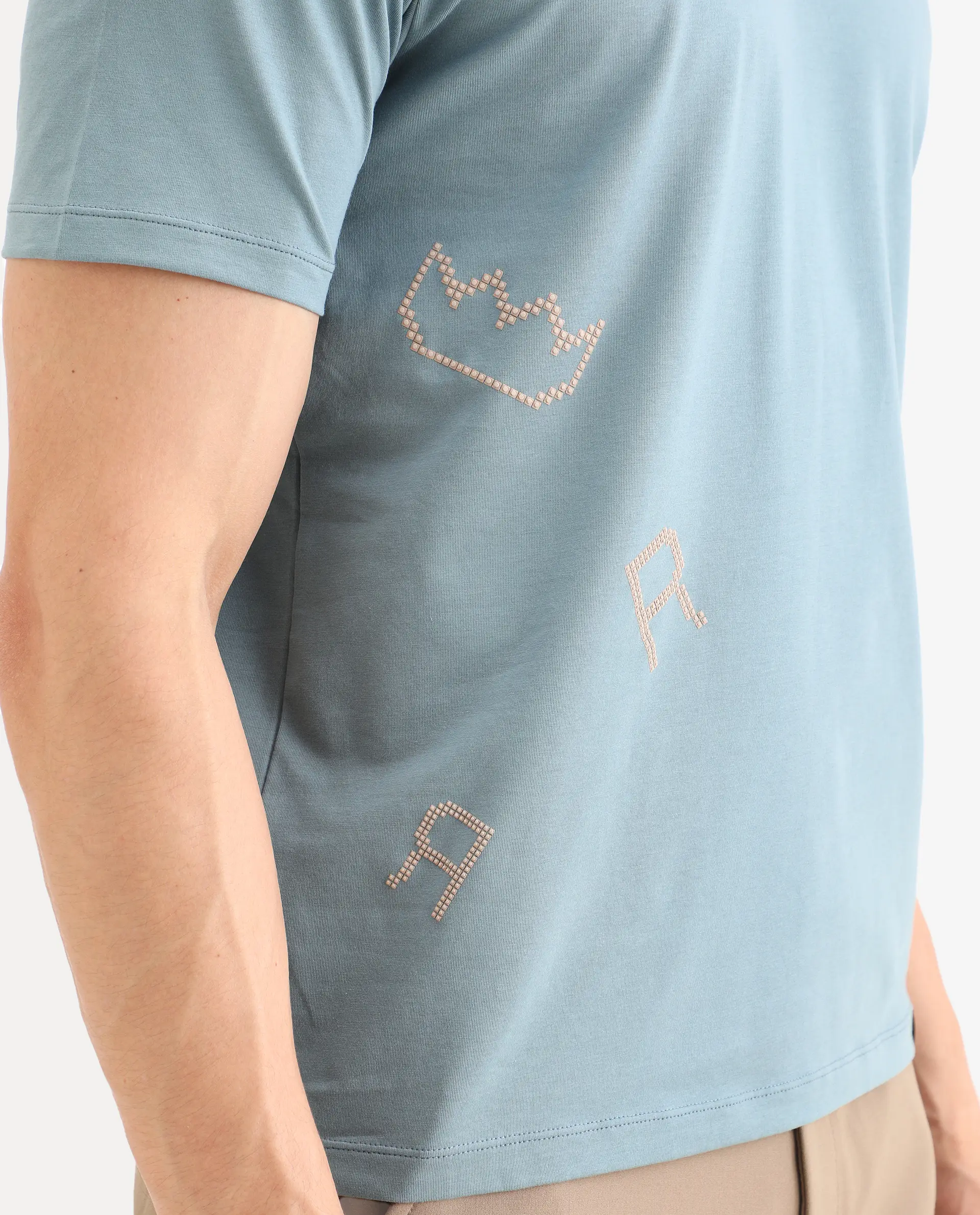 Rare Rabbit Men's Bex Dusky Blue Cotton Blend Fabric Half Sleeve Crew Neck Regular Fit Graphic Print T-Shirt - Image 3