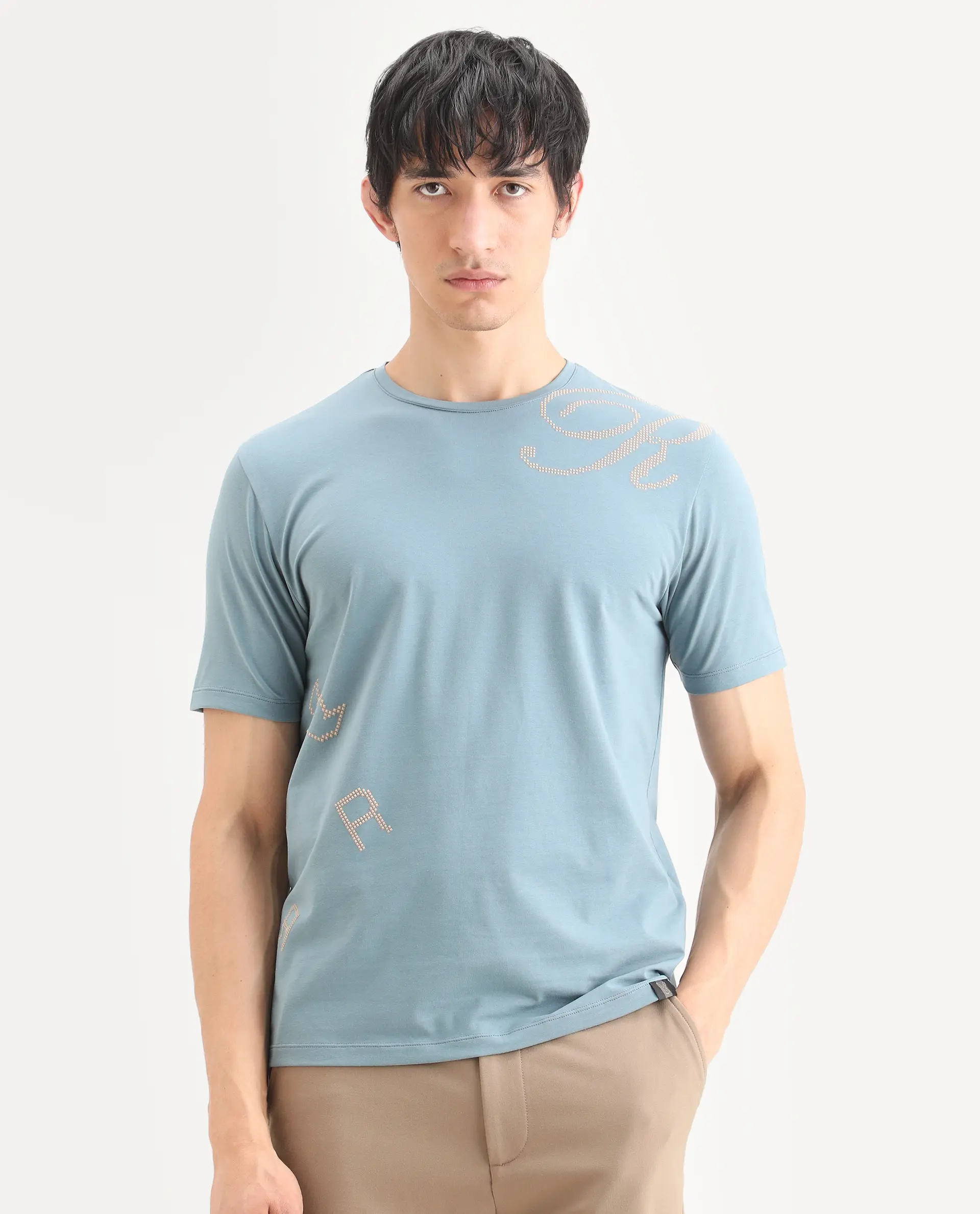 Rare Rabbit Men's Bex Dusky Blue Cotton Blend Fabric Half Sleeve Crew Neck Regular Fit Graphic Print T-Shirt - Image 4