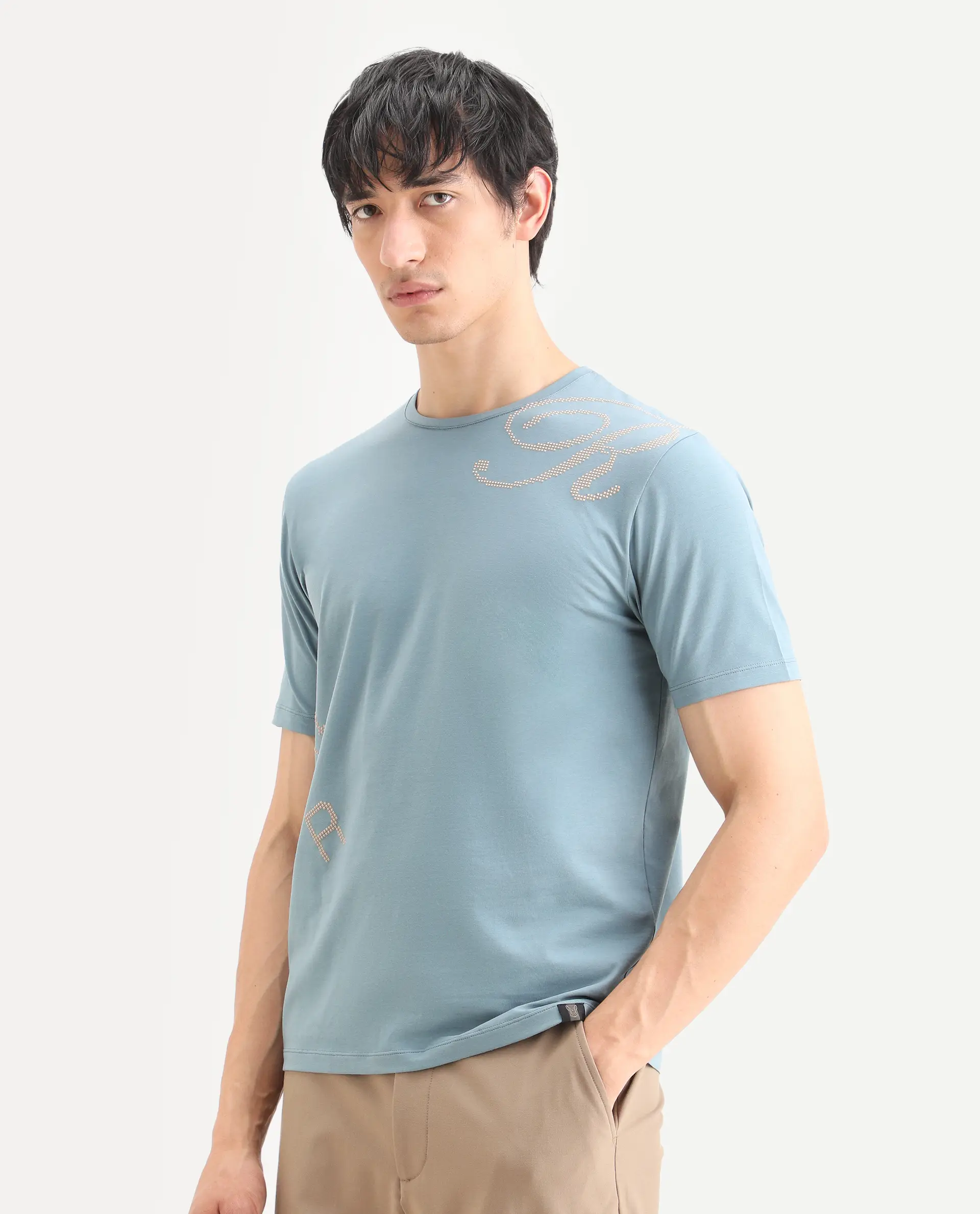 Rare Rabbit Men's Bex Dusky Blue Cotton Blend Fabric Half Sleeve Crew Neck Regular Fit Graphic Print T-Shirt - Image 5