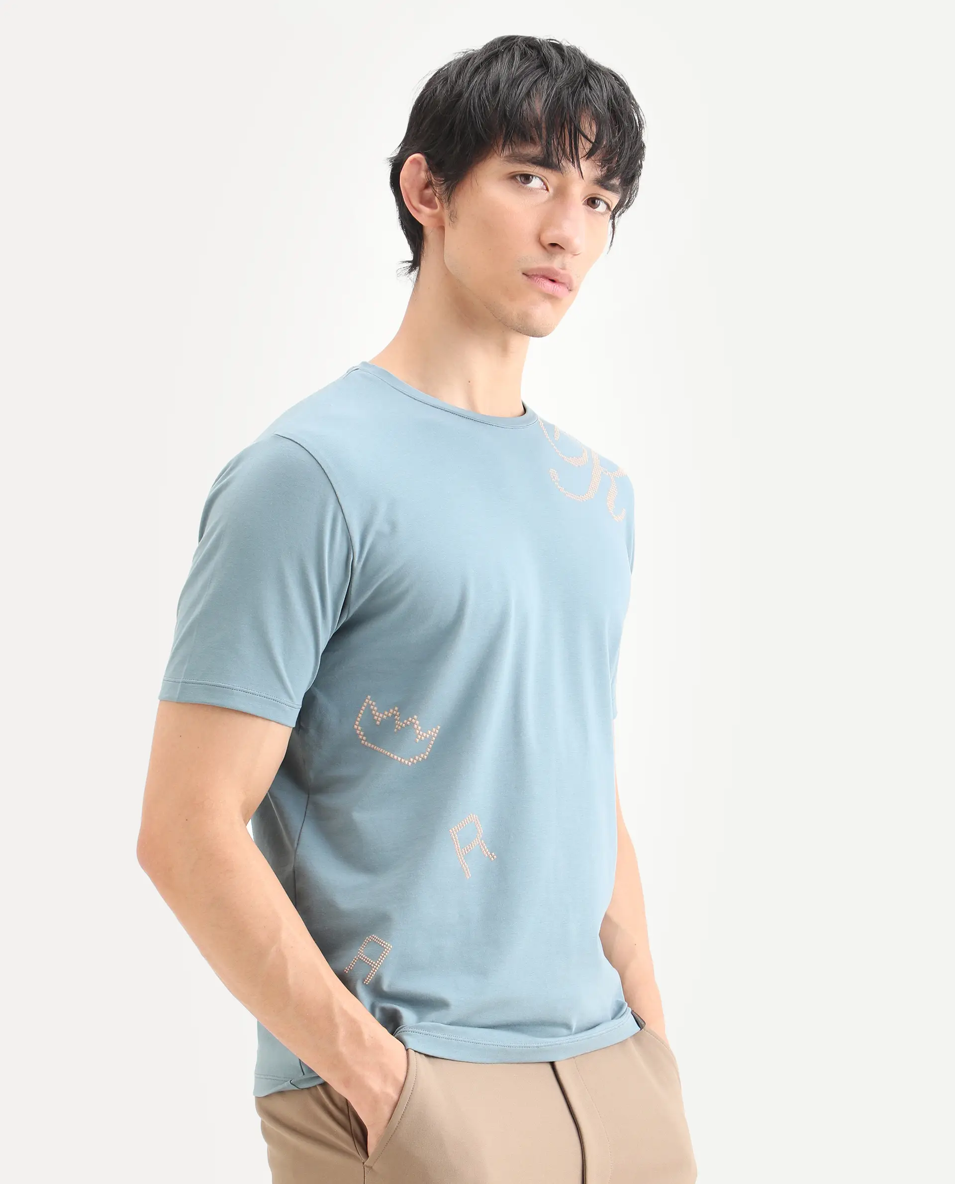 Rare Rabbit Men's Bex Dusky Blue Cotton Blend Fabric Half Sleeve Crew Neck Regular Fit Graphic Print T-Shirt - Image 6