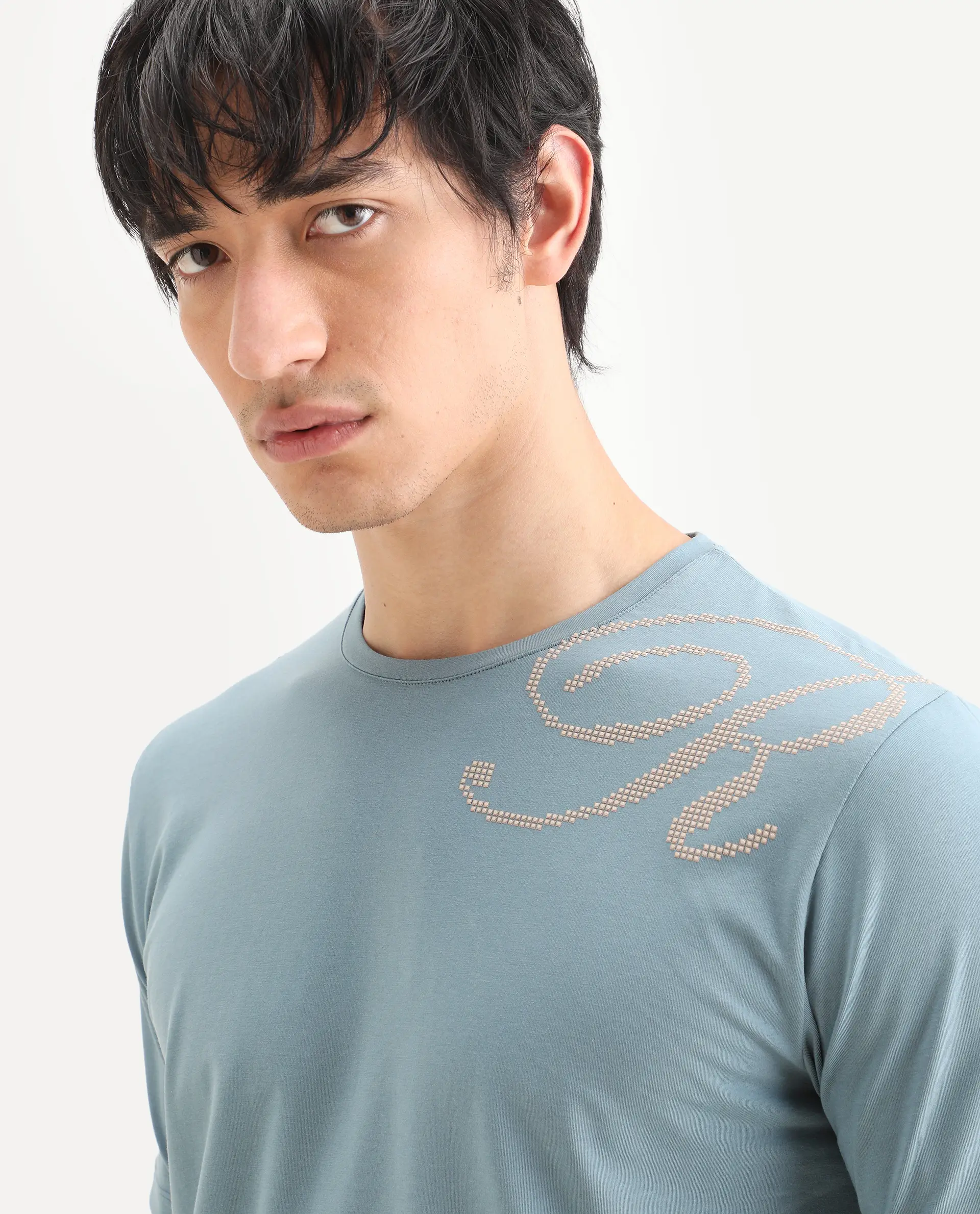 Rare Rabbit Men's Bex Dusky Blue Cotton Blend Fabric Half Sleeve Crew Neck Regular Fit Graphic Print T-Shirt - Image 7