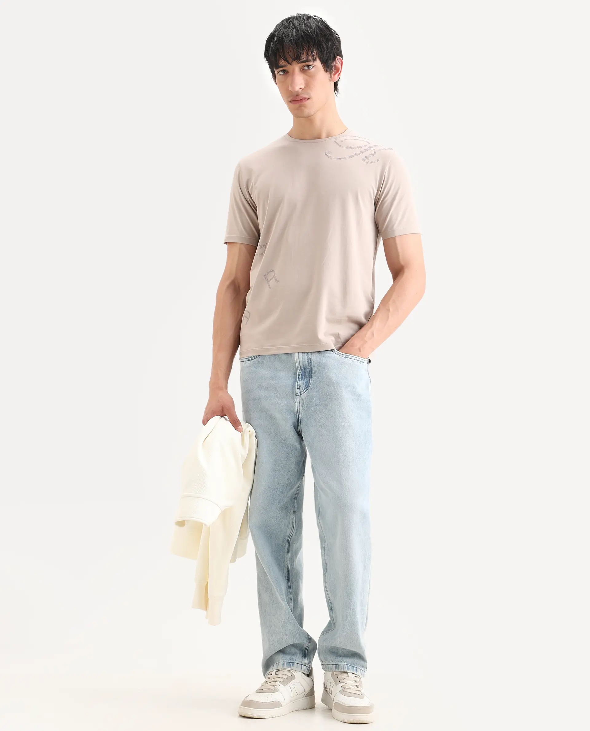 Rare Rabbit Men's Bex Light Beige Cotton Blend Fabric Half Sleeve Crew Neck Regular Fit Graphic Print T-Shirt - Image 2