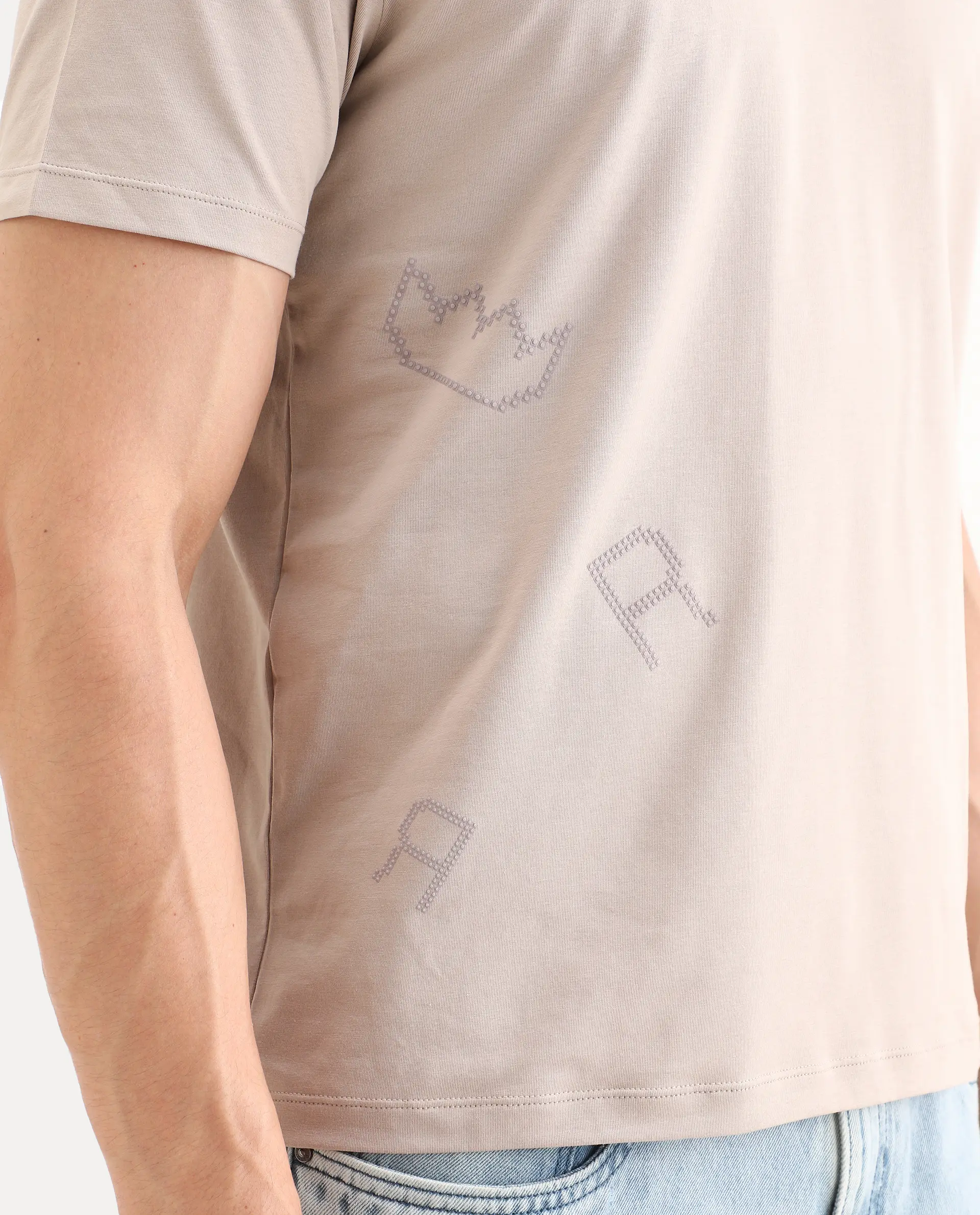 Rare Rabbit Men's Bex Light Beige Cotton Blend Fabric Half Sleeve Crew Neck Regular Fit Graphic Print T-Shirt - Image 3