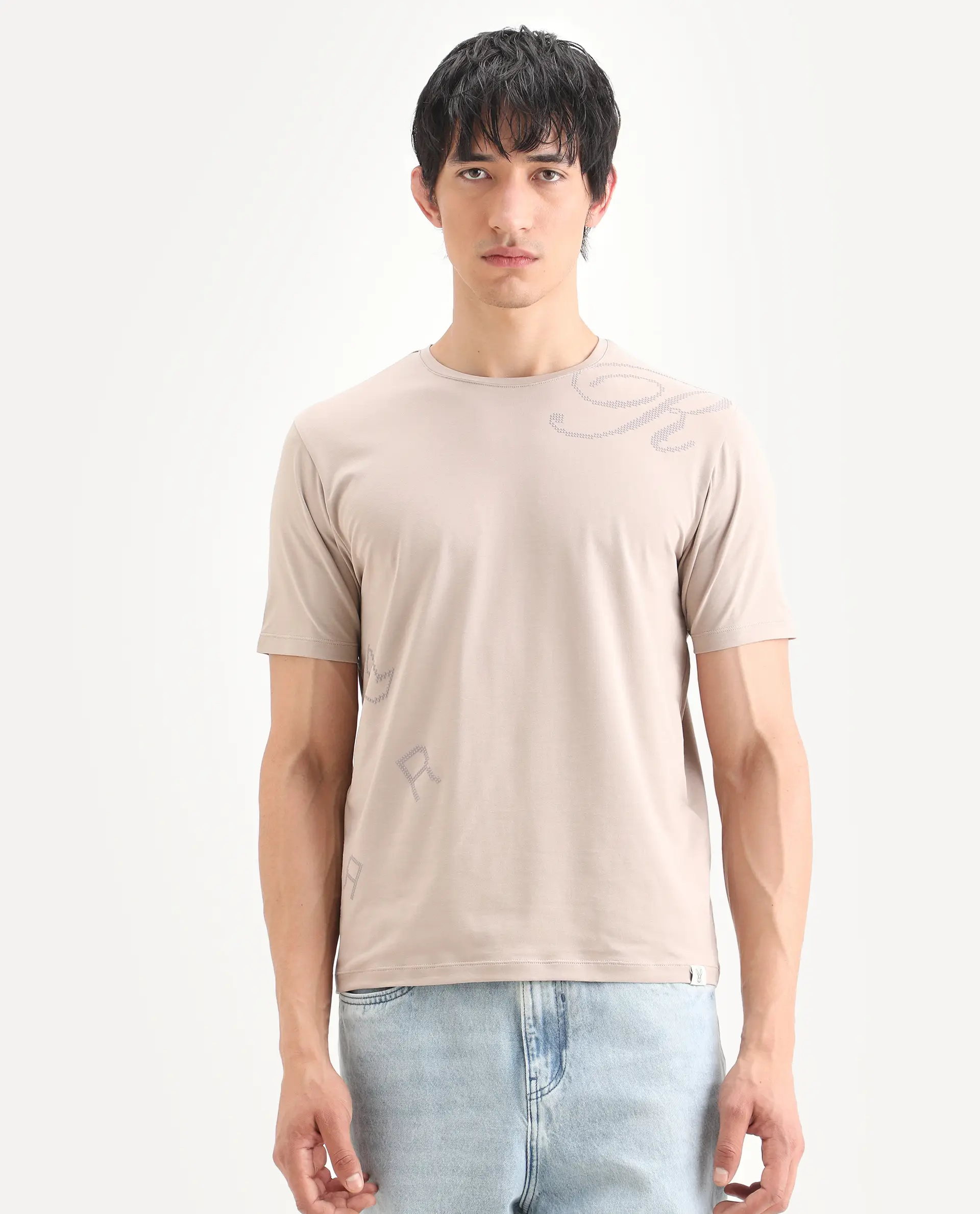 Rare Rabbit Men's Bex Light Beige Cotton Blend Fabric Half Sleeve Crew Neck Regular Fit Graphic Print T-Shirt - Image 4