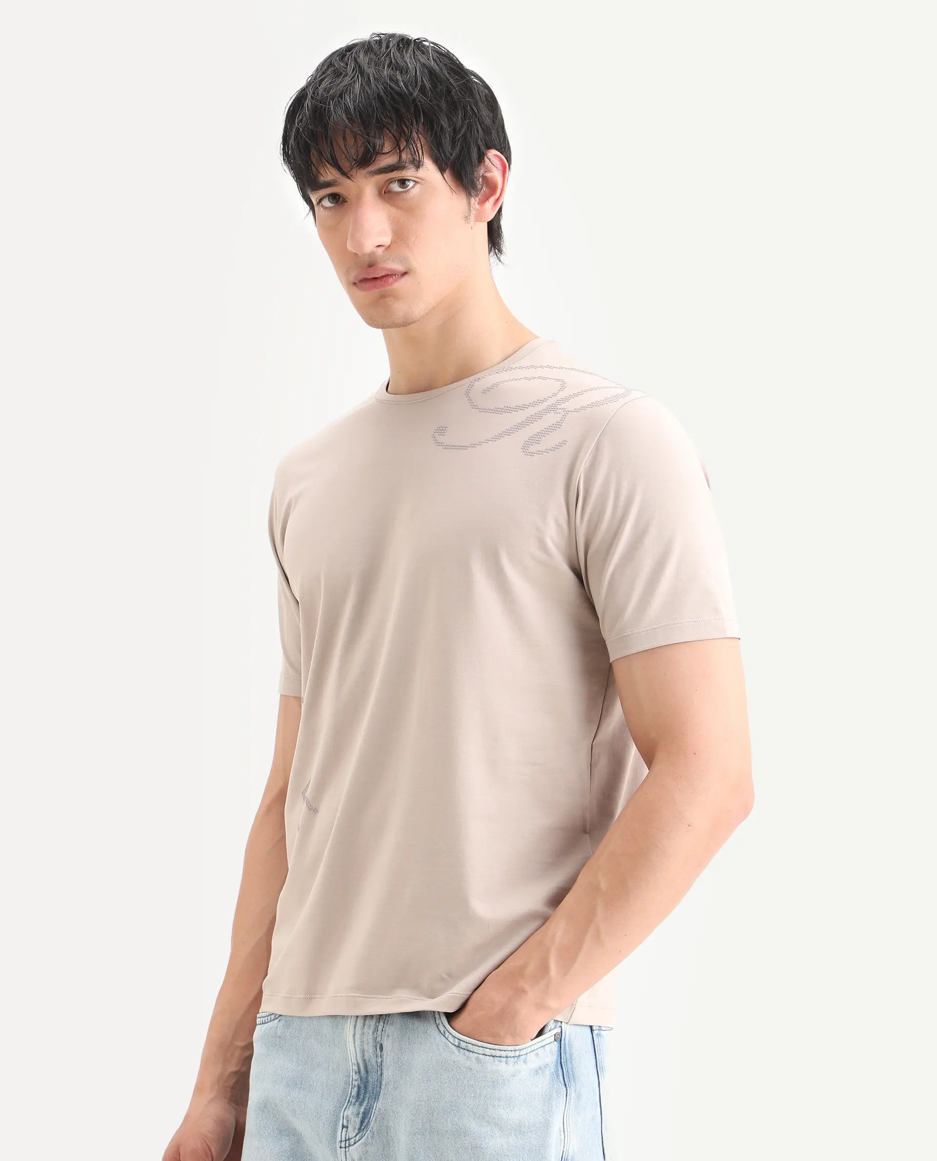 Rare Rabbit Men's Bex Light Beige Cotton Blend Fabric Half Sleeve Crew Neck Regular Fit Graphic Print T-Shirt - Image 5