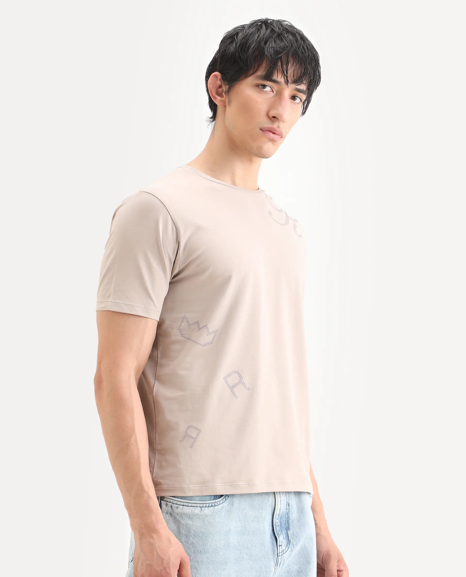 Rare Rabbit Men's Bex Light Beige Cotton Blend Fabric Half Sleeve Crew Neck Regular Fit Graphic Print T-Shirt - Image 6