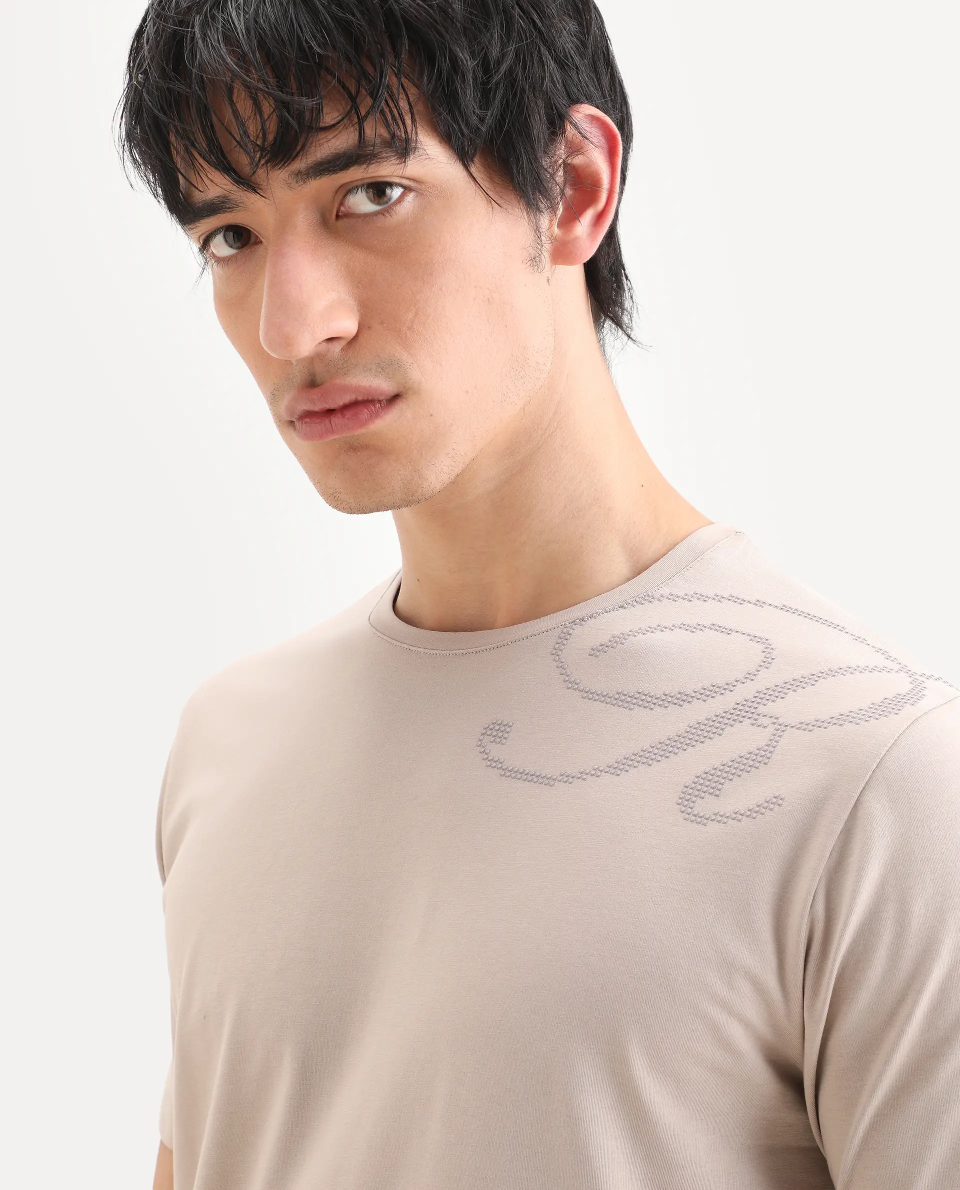 Rare Rabbit Men's Bex Light Beige Cotton Blend Fabric Half Sleeve Crew Neck Regular Fit Graphic Print T-Shirt - Image 7