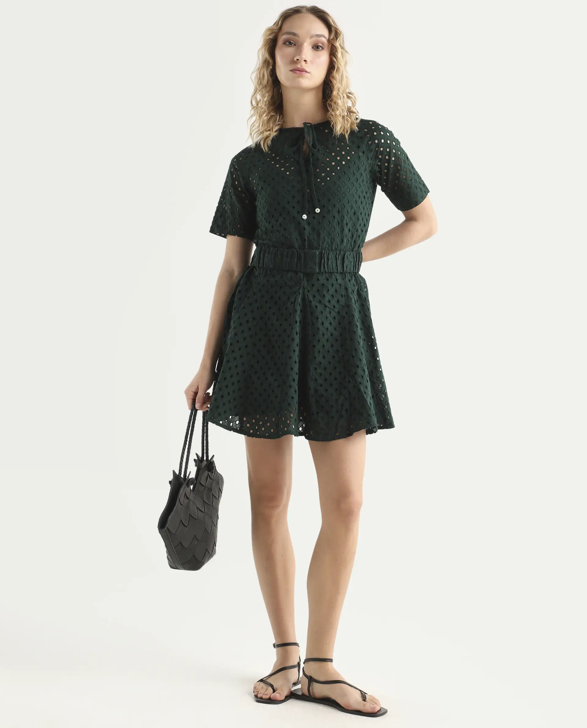 Rareism Women's Bex Green Cotton Tie-Up Neck Schiffli Knee Length Regular Fit Dress - Image 2