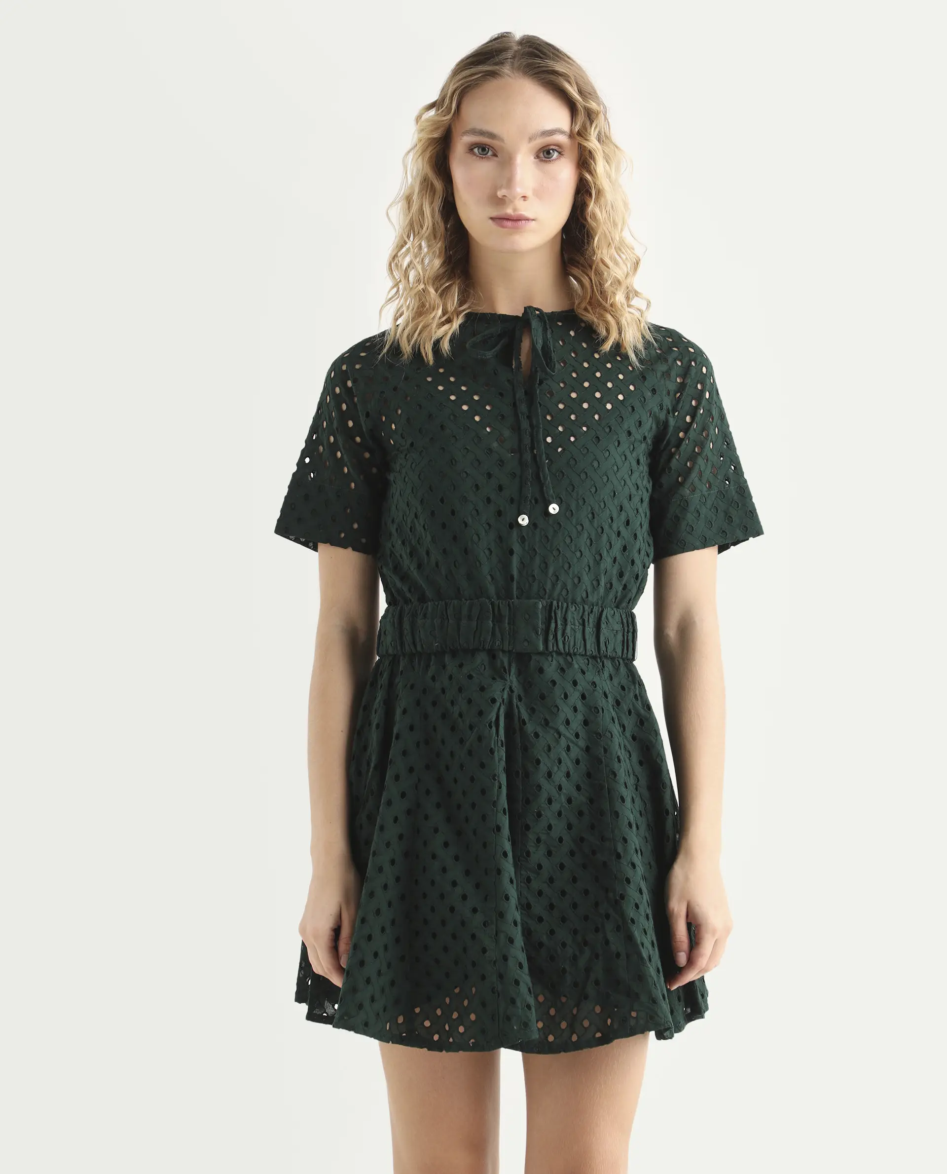 Rareism Women's Bex Green Cotton Tie-Up Neck Schiffli Knee Length Regular Fit Dress - Image 3