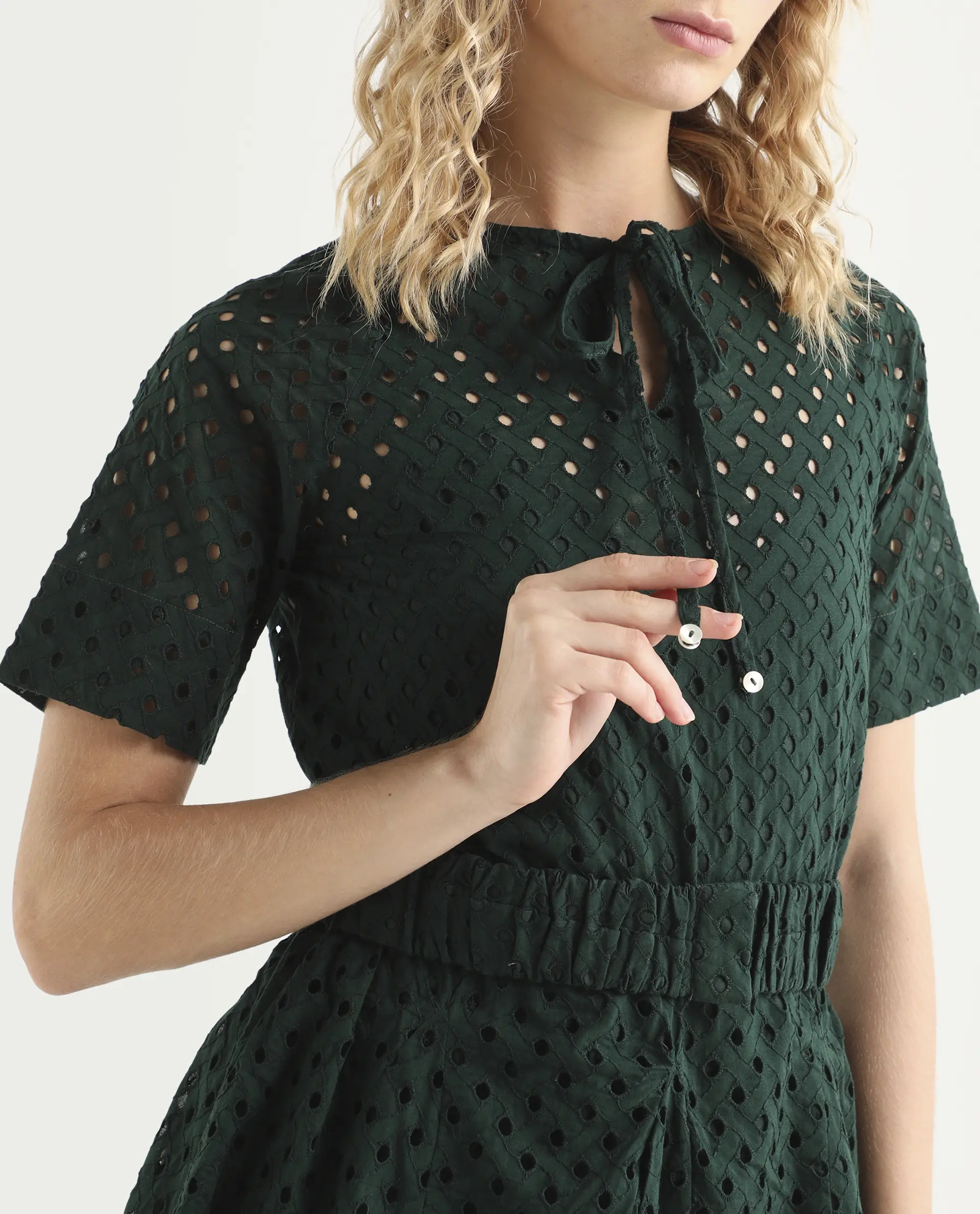 Rareism Women's Bex Green Cotton Tie-Up Neck Schiffli Knee Length Regular Fit Dress - Image 5