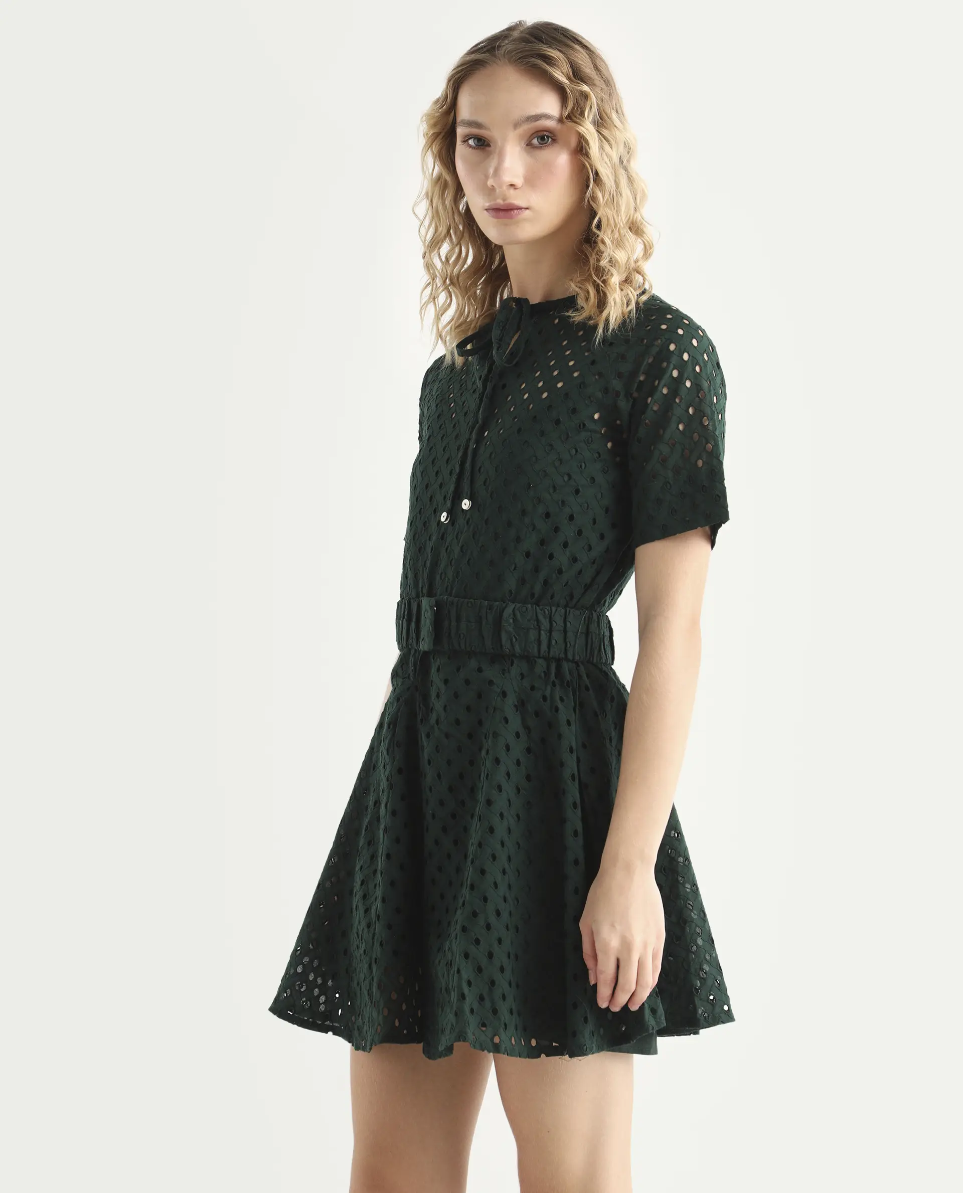 Rareism Women's Bex Green Cotton Tie-Up Neck Schiffli Knee Length Regular Fit Dress - Image 6