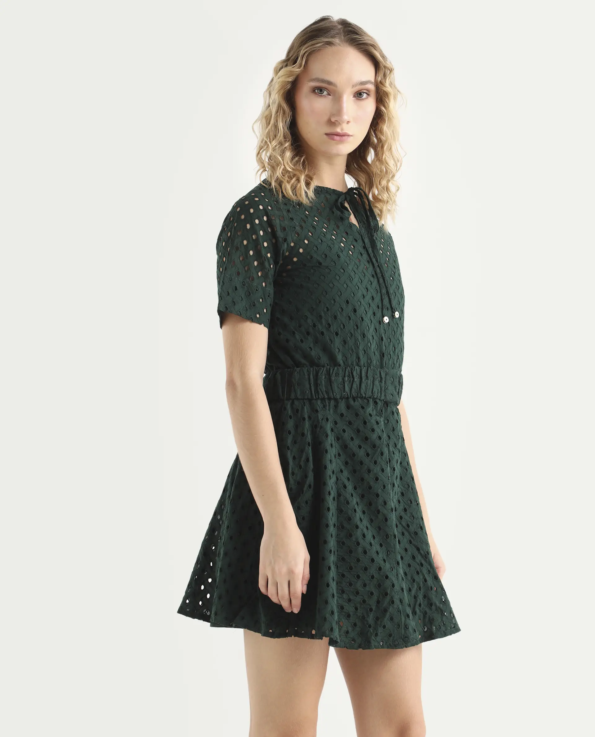 Rareism Women's Bex Green Cotton Tie-Up Neck Schiffli Knee Length Regular Fit Dress - Image 7
