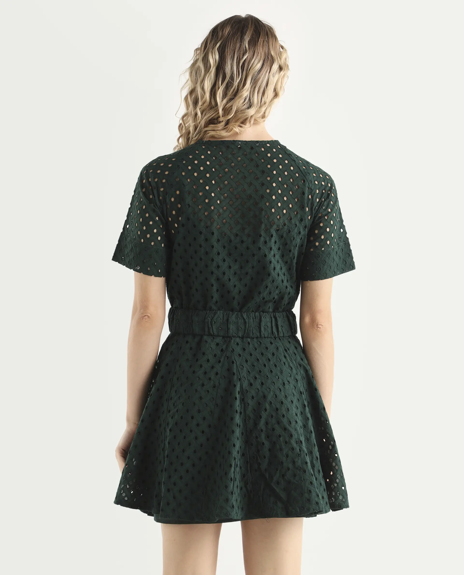 Rareism Women's Bex Green Cotton Tie-Up Neck Schiffli Knee Length Regular Fit Dress - Image 8