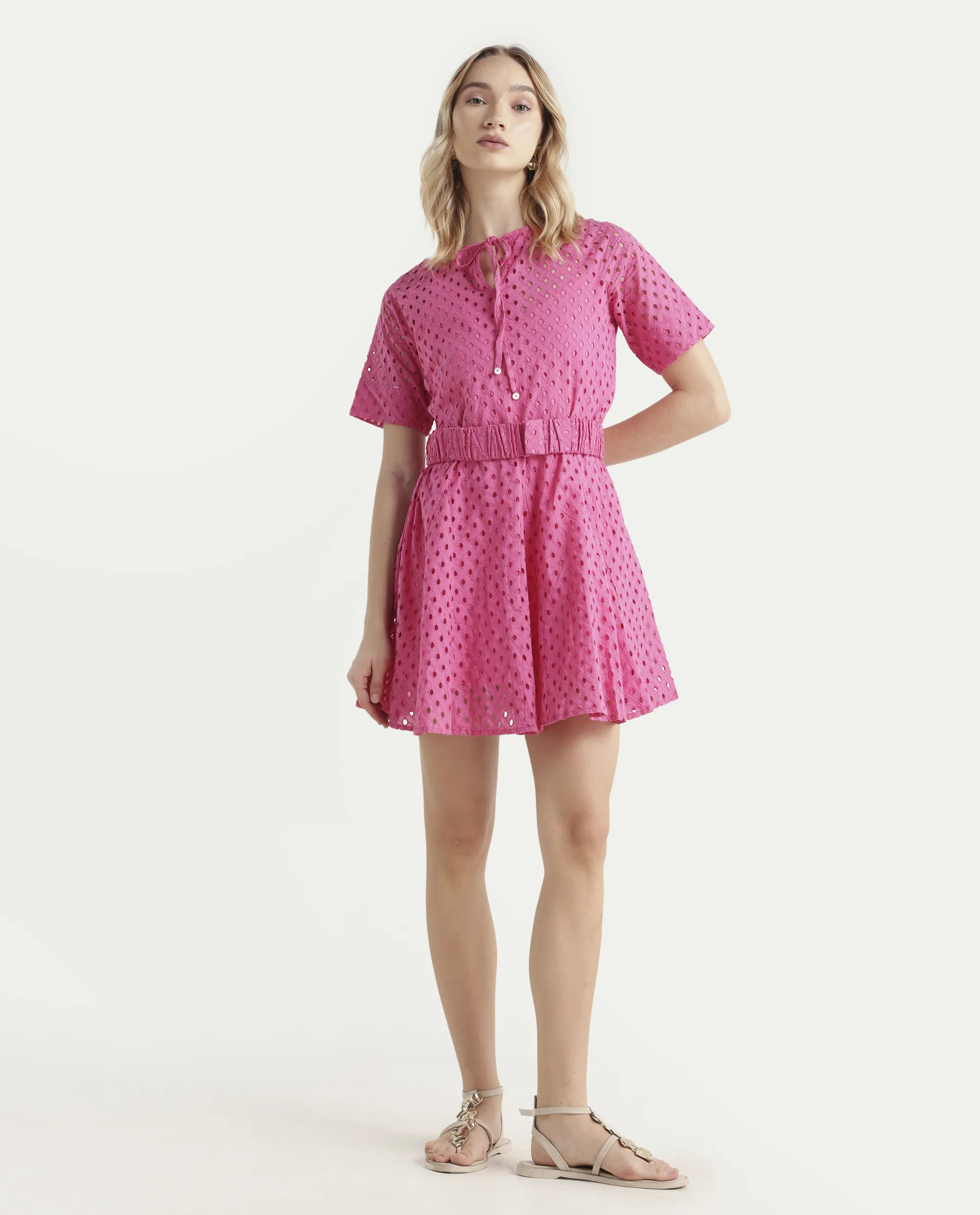 Rareism Women's Bex Pink Cotton Tie-Up Neck Schiffli Knee Length Regular Fit Dress - Image 2