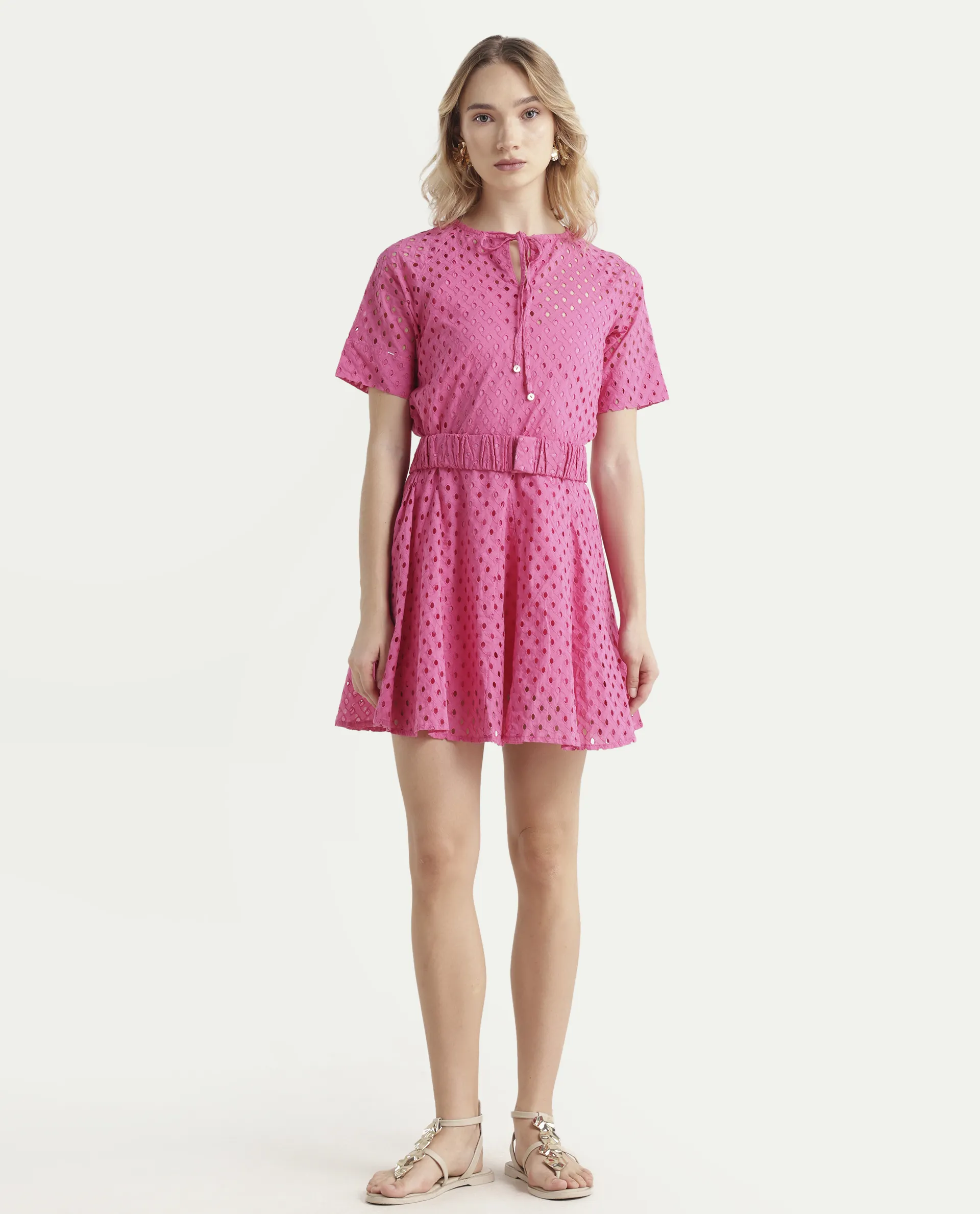 Rareism Women's Bex Pink Cotton Tie-Up Neck Schiffli Knee Length Regular Fit Dress - Image 3