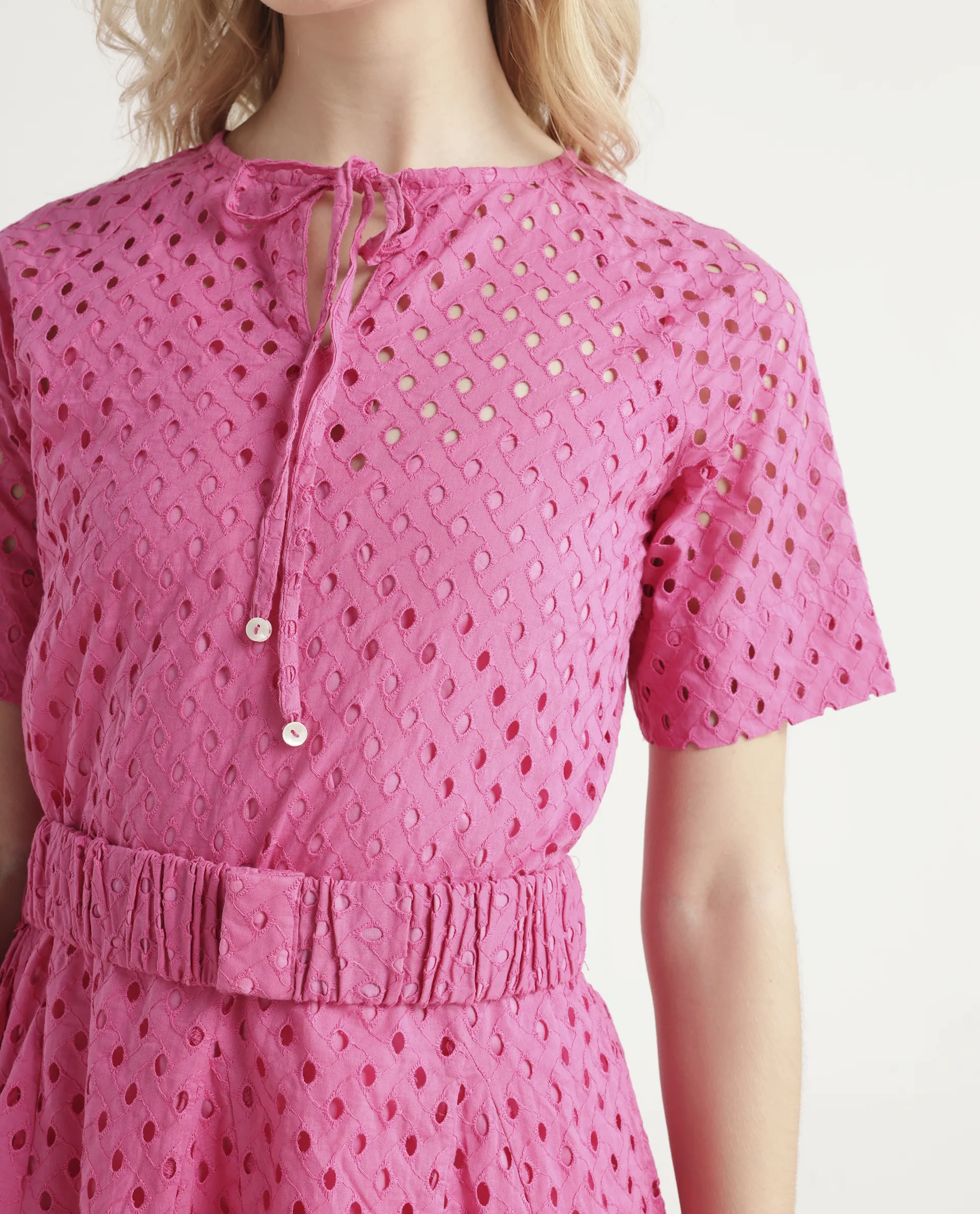 Rareism Women's Bex Pink Cotton Tie-Up Neck Schiffli Knee Length Regular Fit Dress - Image 4