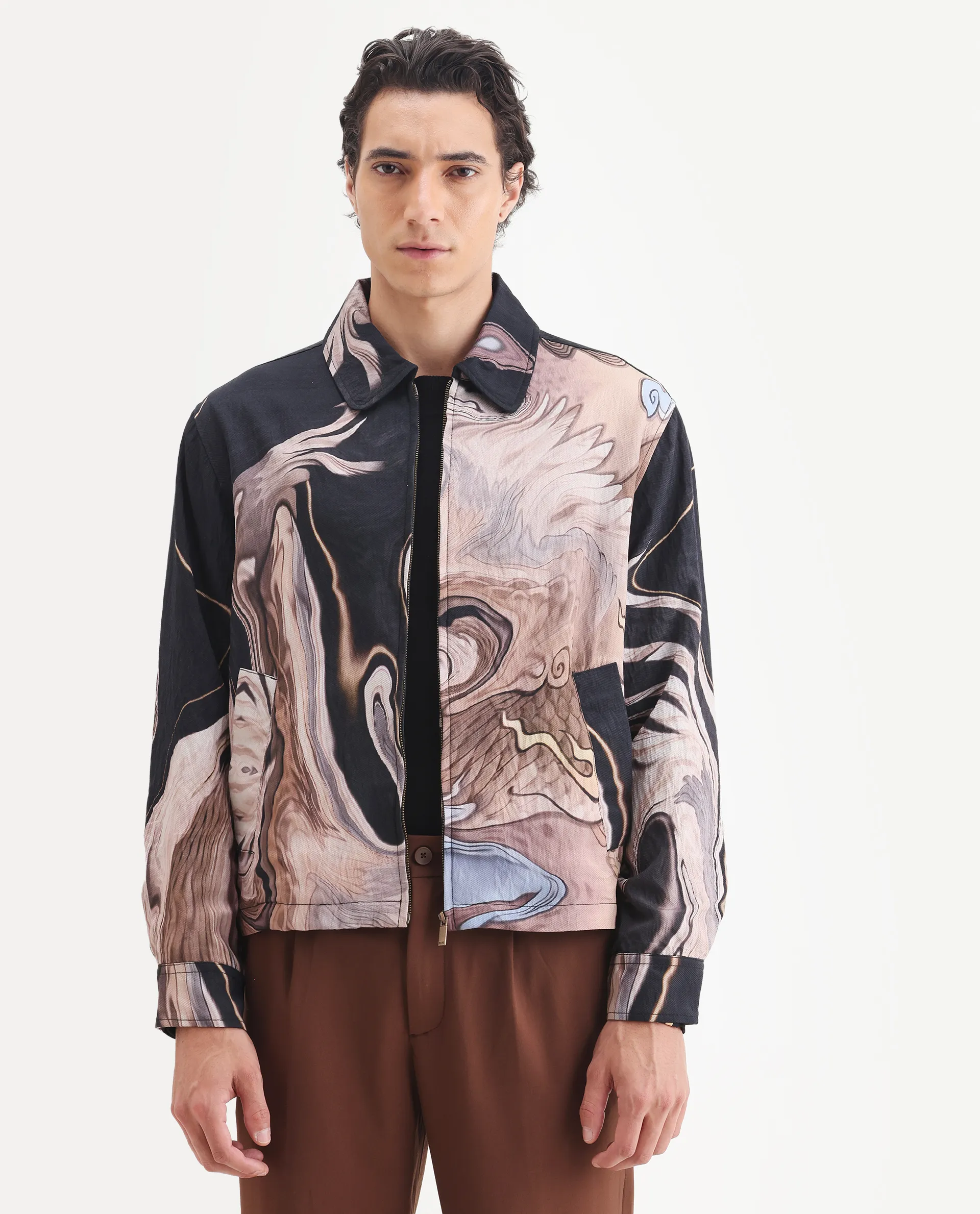 Rare Rabbit Men's Bexa Black Viscose Blend Fabric Spread Collar Regular Fit Abstract Print Jacket - Image 4