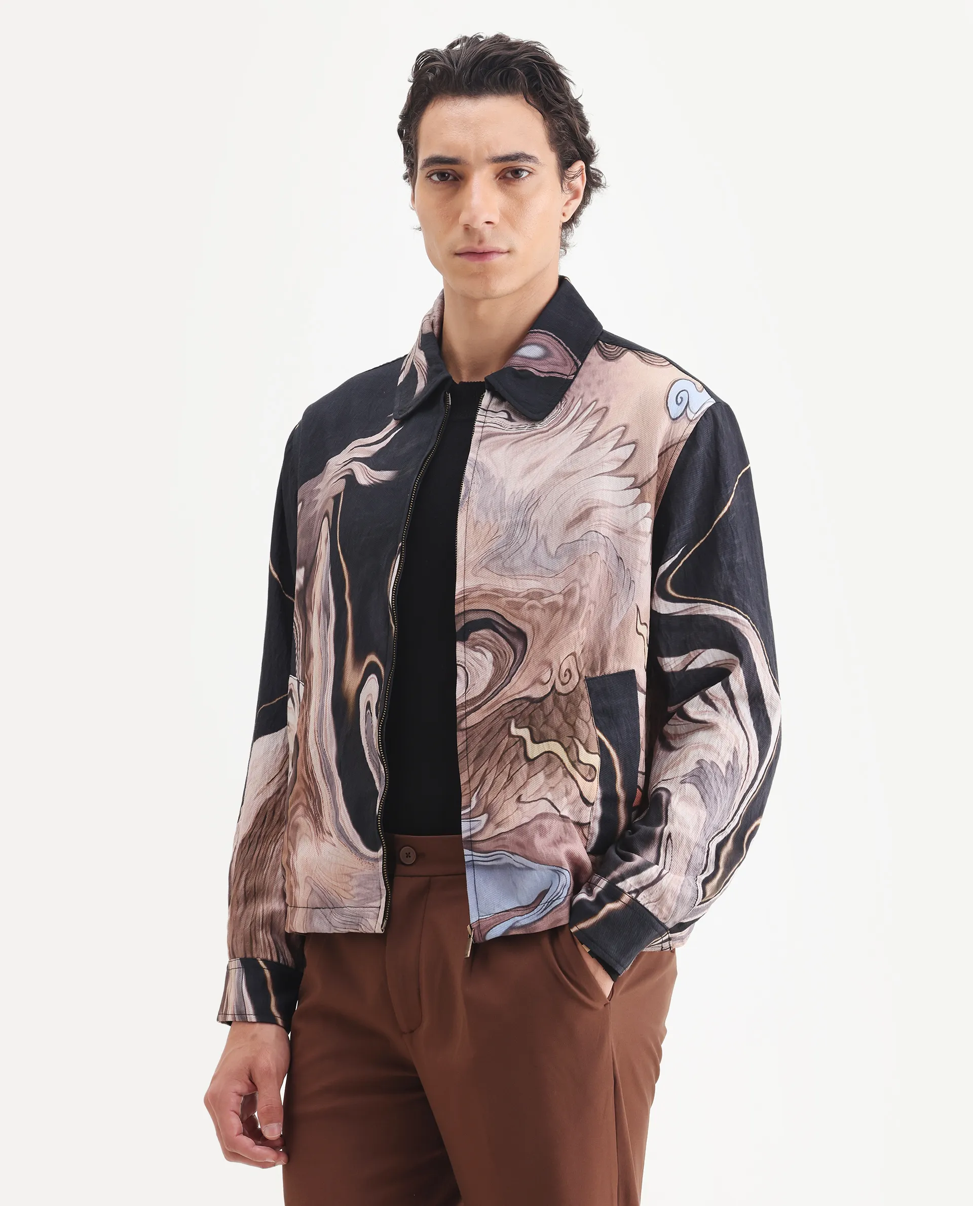 Rare Rabbit Men's Bexa Black Viscose Blend Fabric Spread Collar Regular Fit Abstract Print Jacket - Image 5