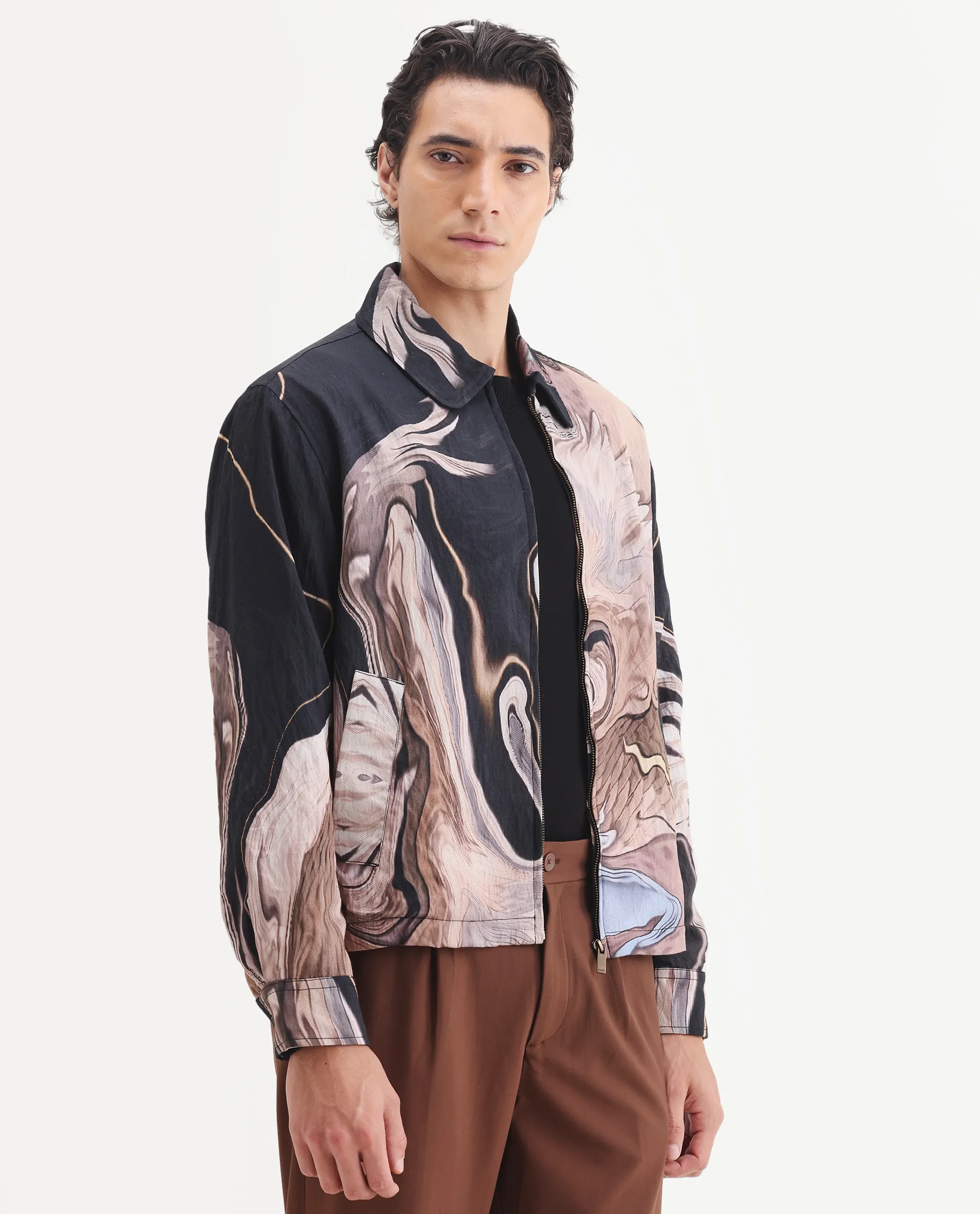 Rare Rabbit Men's Bexa Black Viscose Blend Fabric Spread Collar Regular Fit Abstract Print Jacket - Image 6