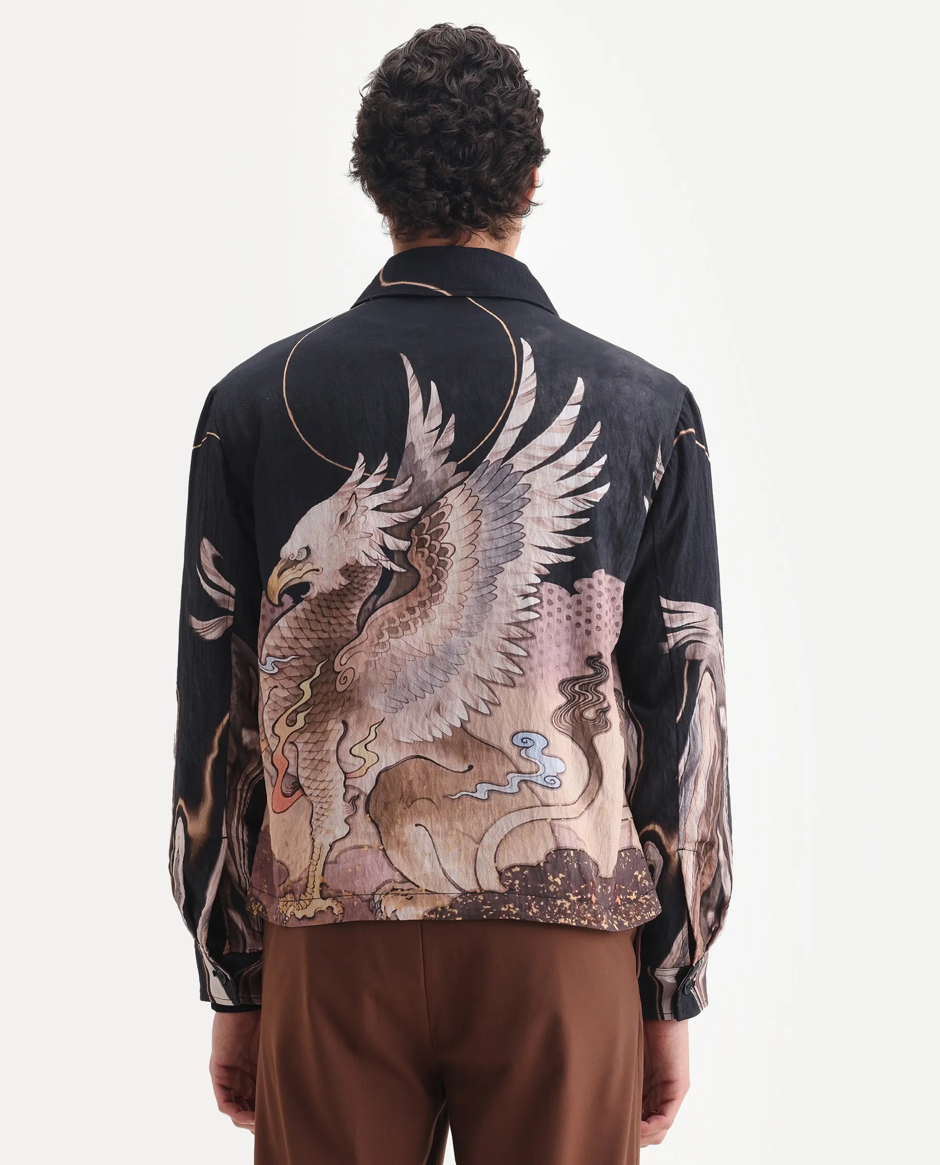 Rare Rabbit Men's Bexa Black Viscose Blend Fabric Spread Collar Regular Fit Abstract Print Jacket - Image 7