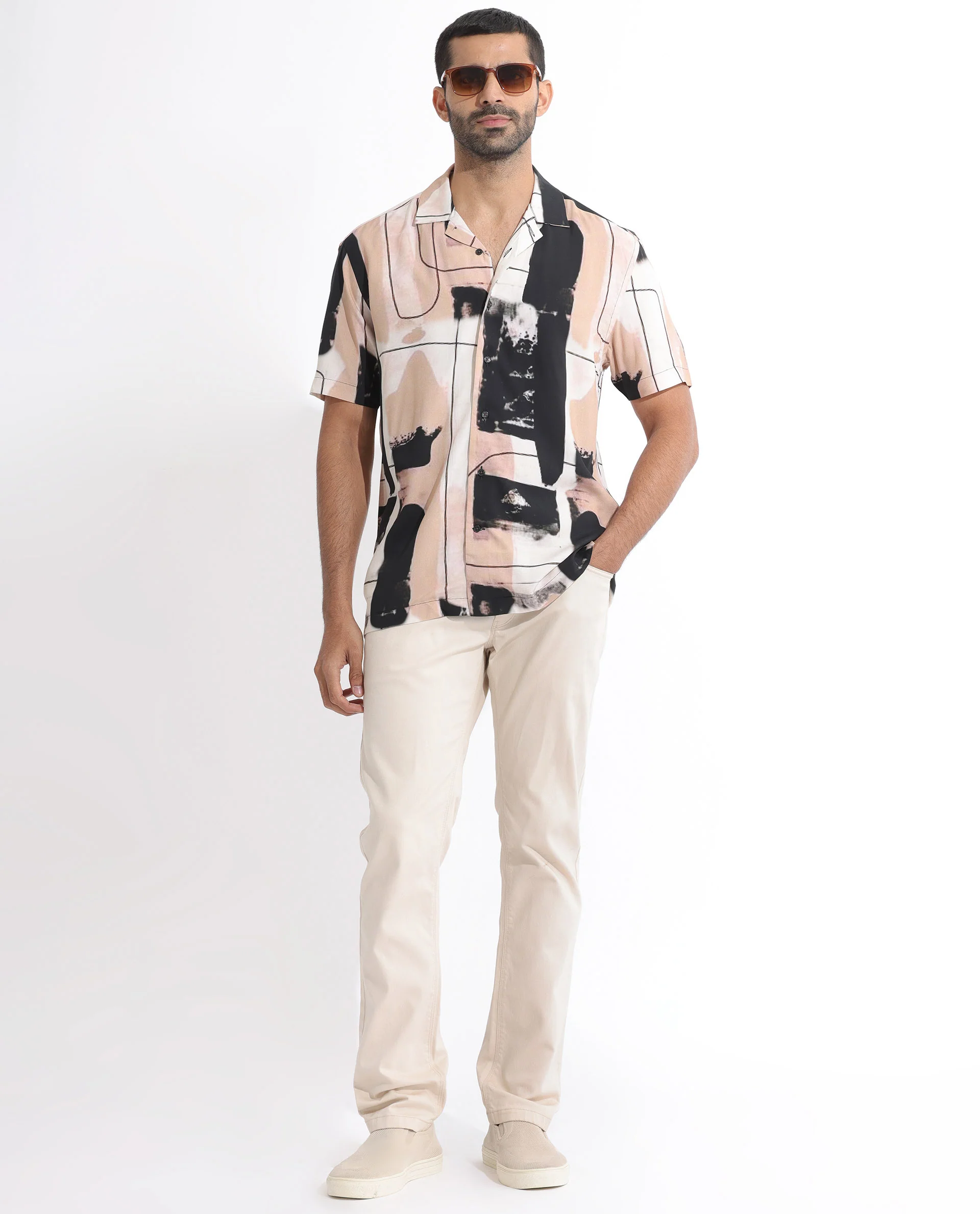 Rare Rabbit Men's Bexley Beige Viscose Abstract Print Regular Fit Half Sleeve Cuban Collar Shirt - Image 3