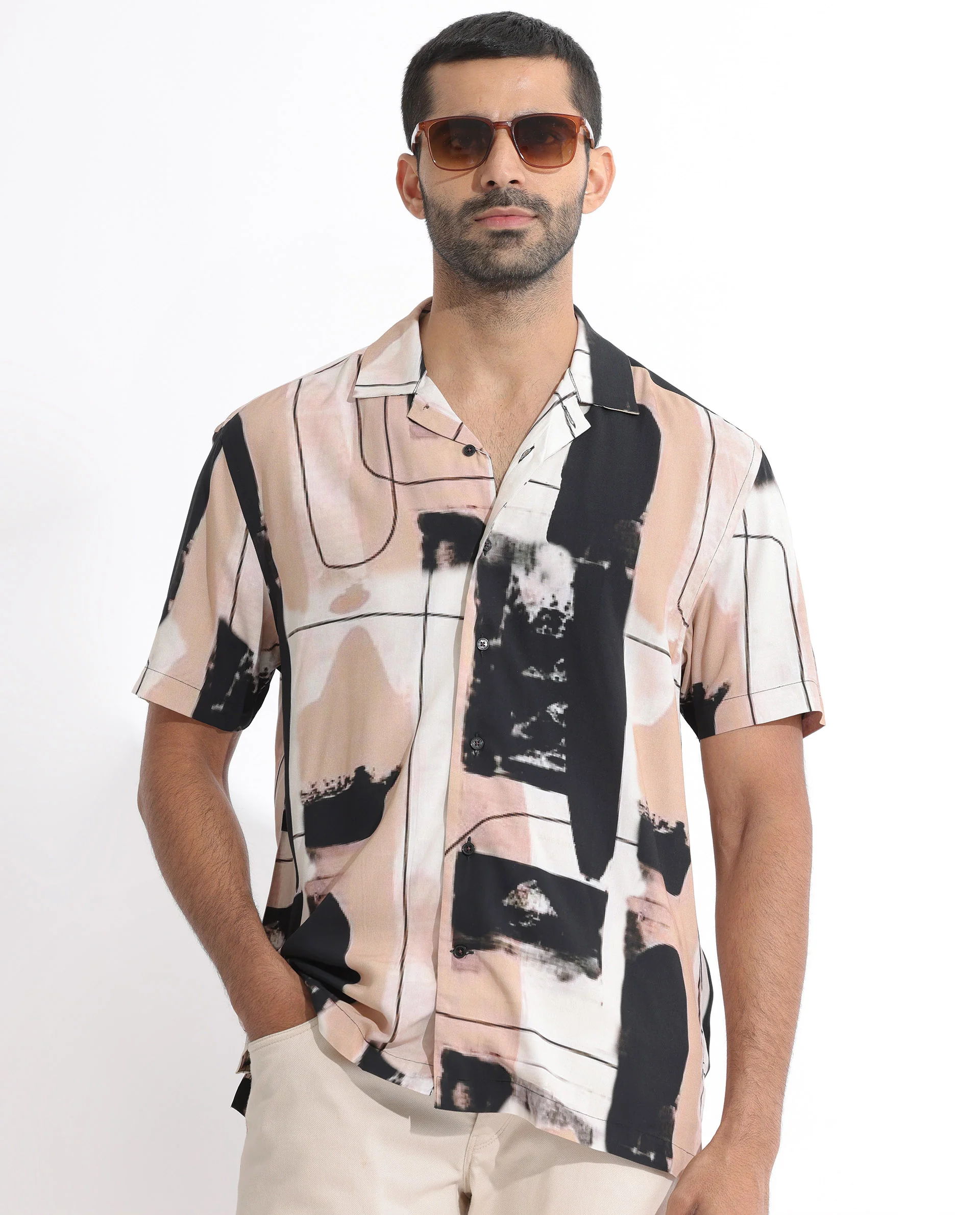 Rare Rabbit Men's Bexley Beige Viscose Abstract Print Regular Fit Half Sleeve Cuban Collar Shirt - Image 4
