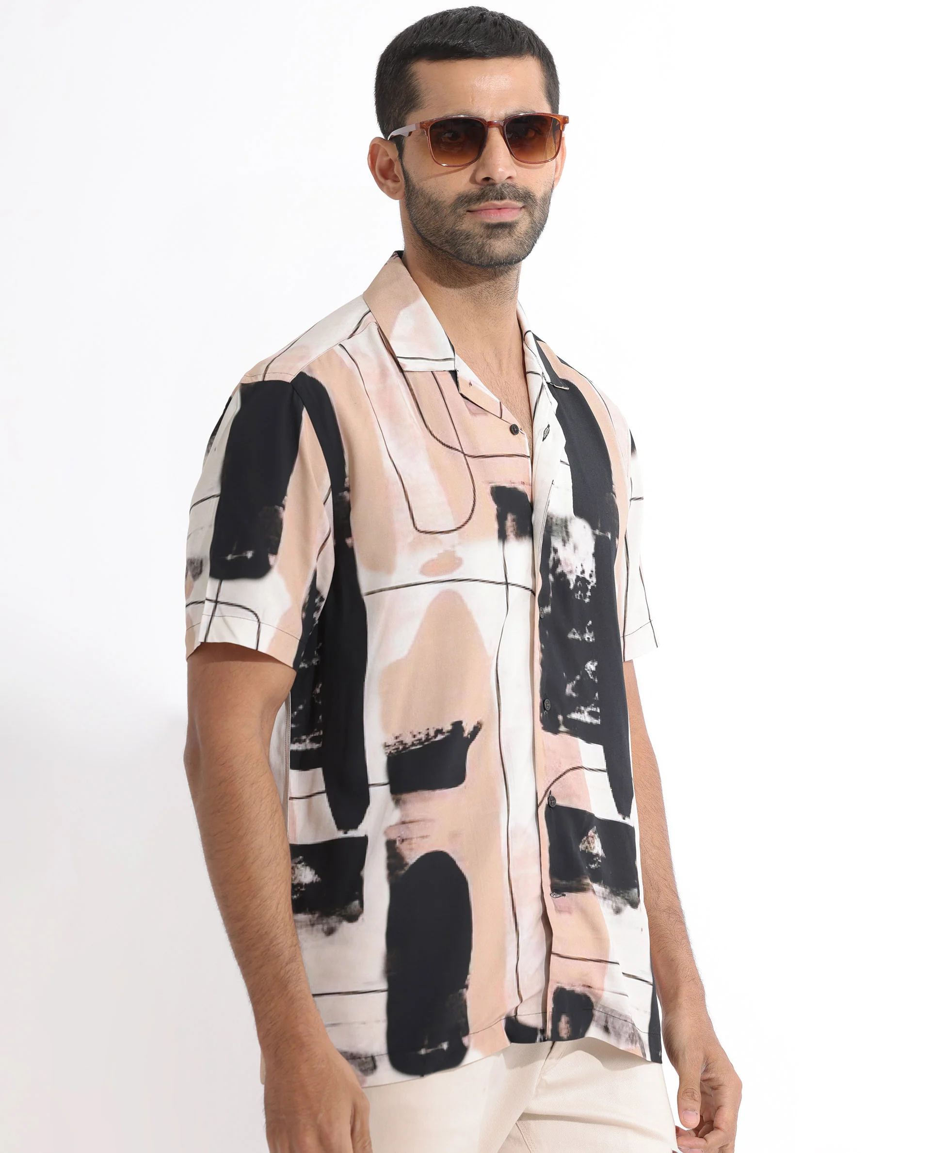 Rare Rabbit Men's Bexley Beige Viscose Abstract Print Regular Fit Half Sleeve Cuban Collar Shirt - Image 5