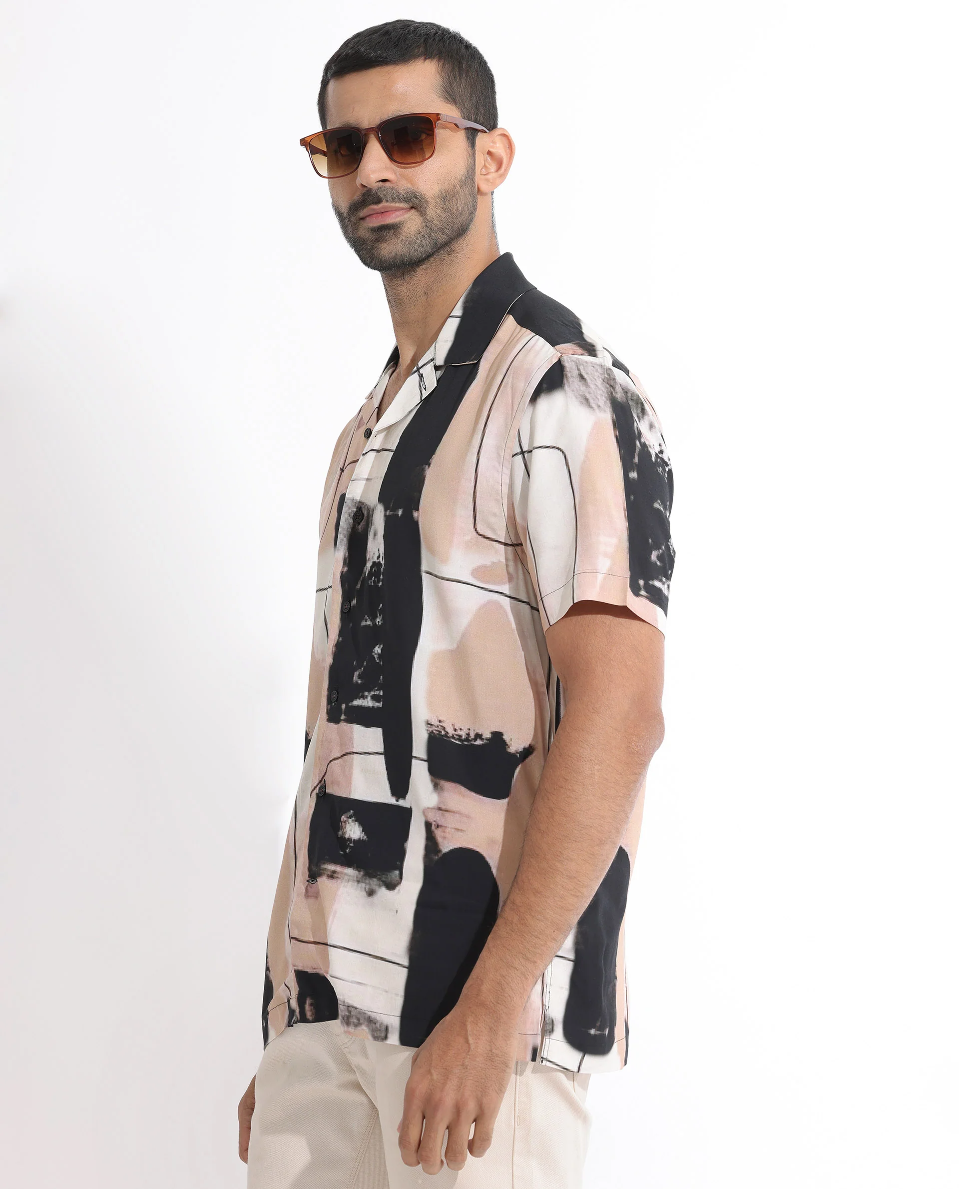 Rare Rabbit Men's Bexley Beige Viscose Abstract Print Regular Fit Half Sleeve Cuban Collar Shirt - Image 6
