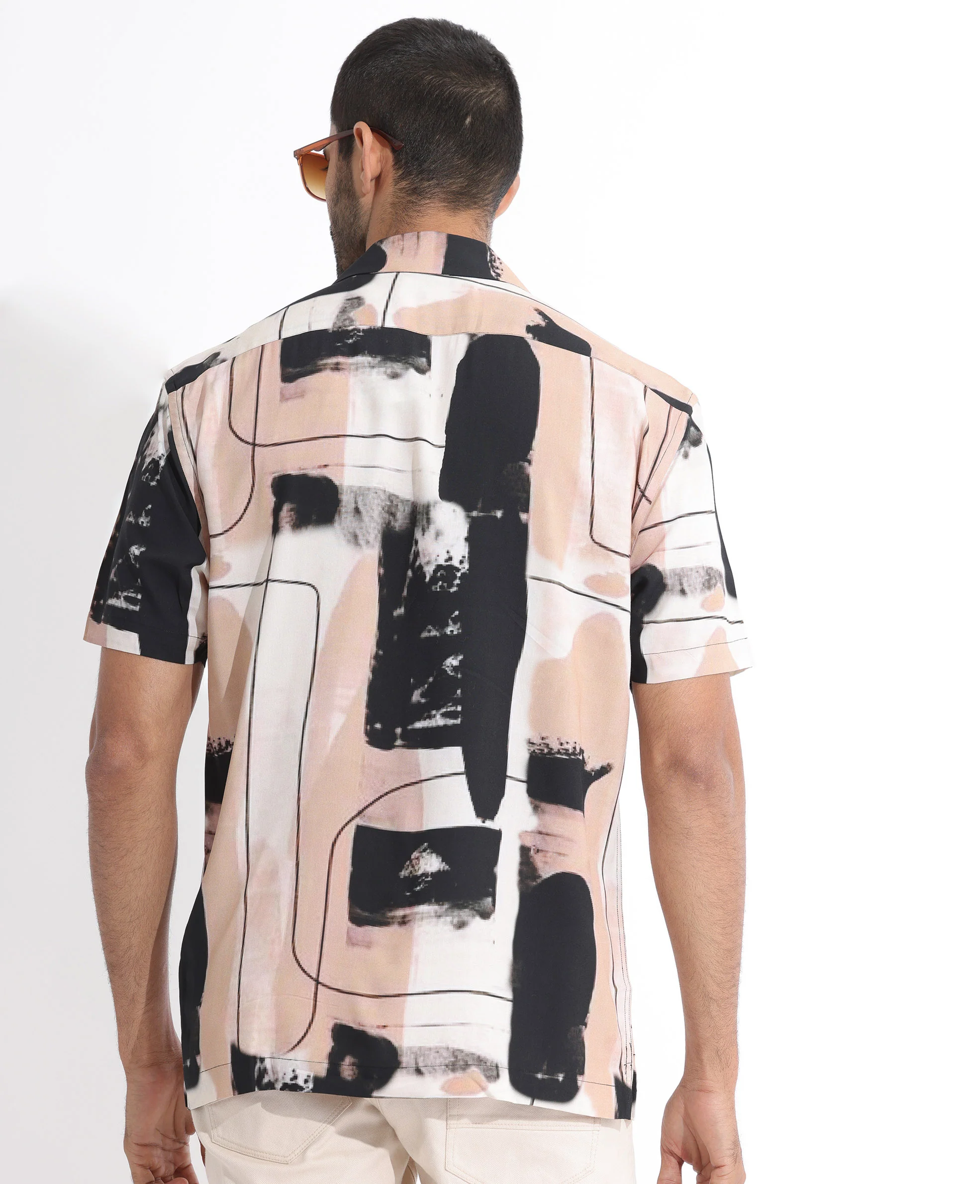 Rare Rabbit Men's Bexley Beige Viscose Abstract Print Regular Fit Half Sleeve Cuban Collar Shirt - Image 7