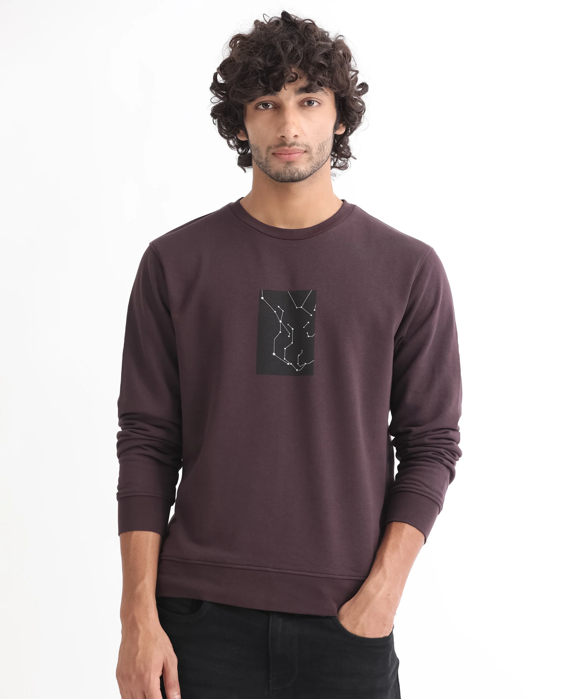 Rare Rabbit Men's Bexx Maroon Cotton Graphic Print Regular Fit Full Sleeve Crew Neck Sweatshirt - Image 3