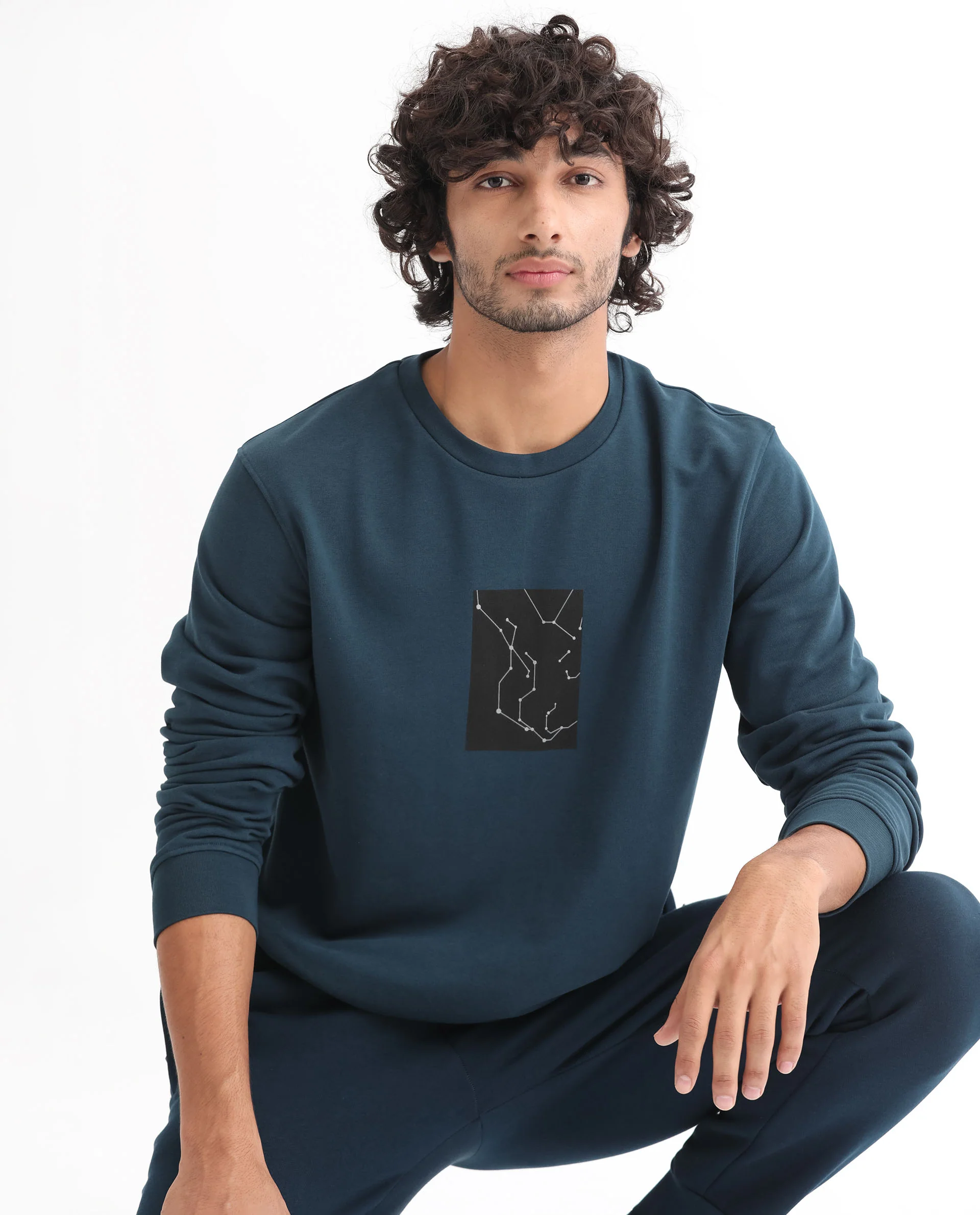 Rare Rabbit Men's Bexx Petrol Cotton Graphic Print Regular Fit Full Sleeve Crew Neck Sweatshirt - Image 2