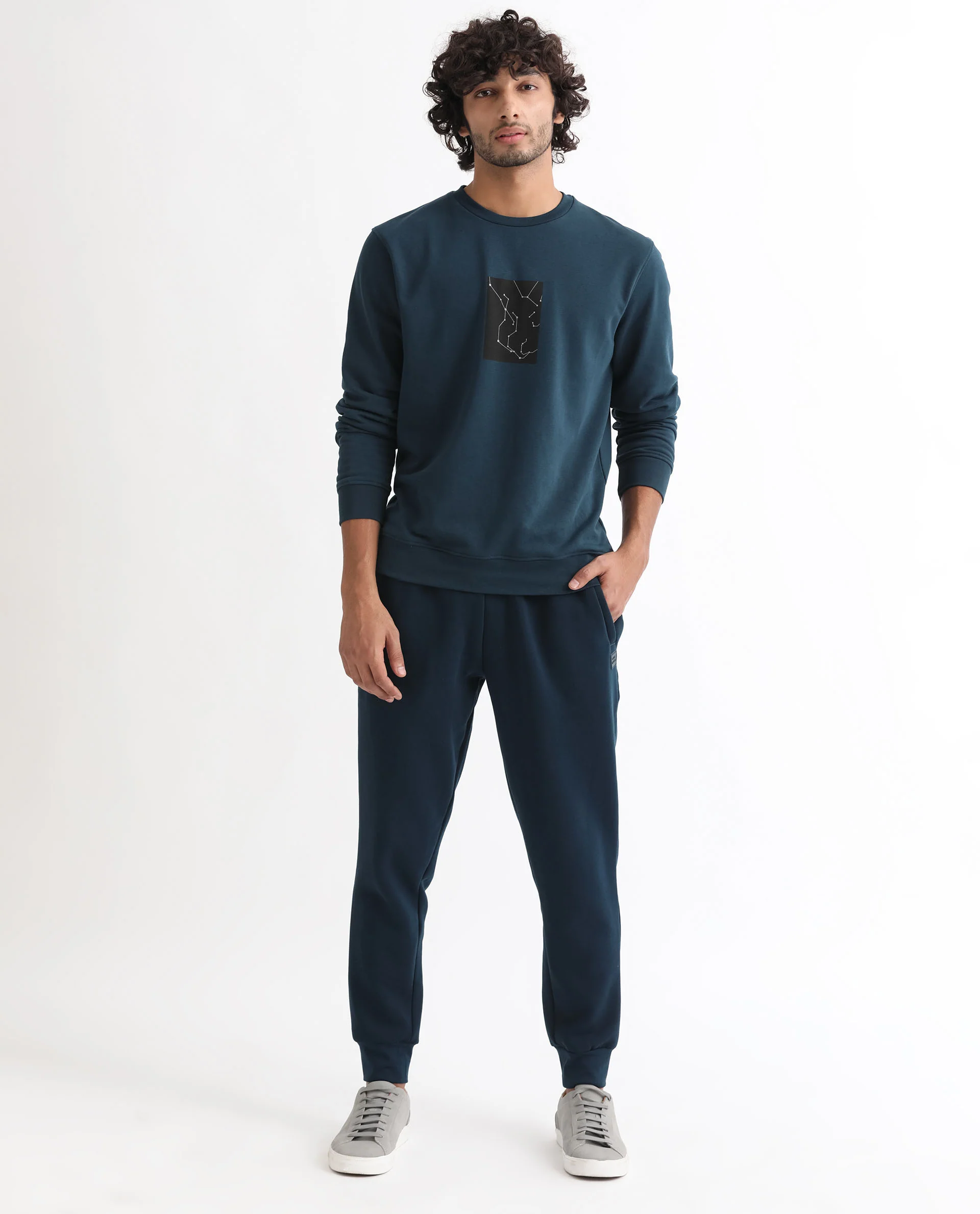 Rare Rabbit Men's Bexx Petrol Cotton Graphic Print Regular Fit Full Sleeve Crew Neck Sweatshirt - Image 3