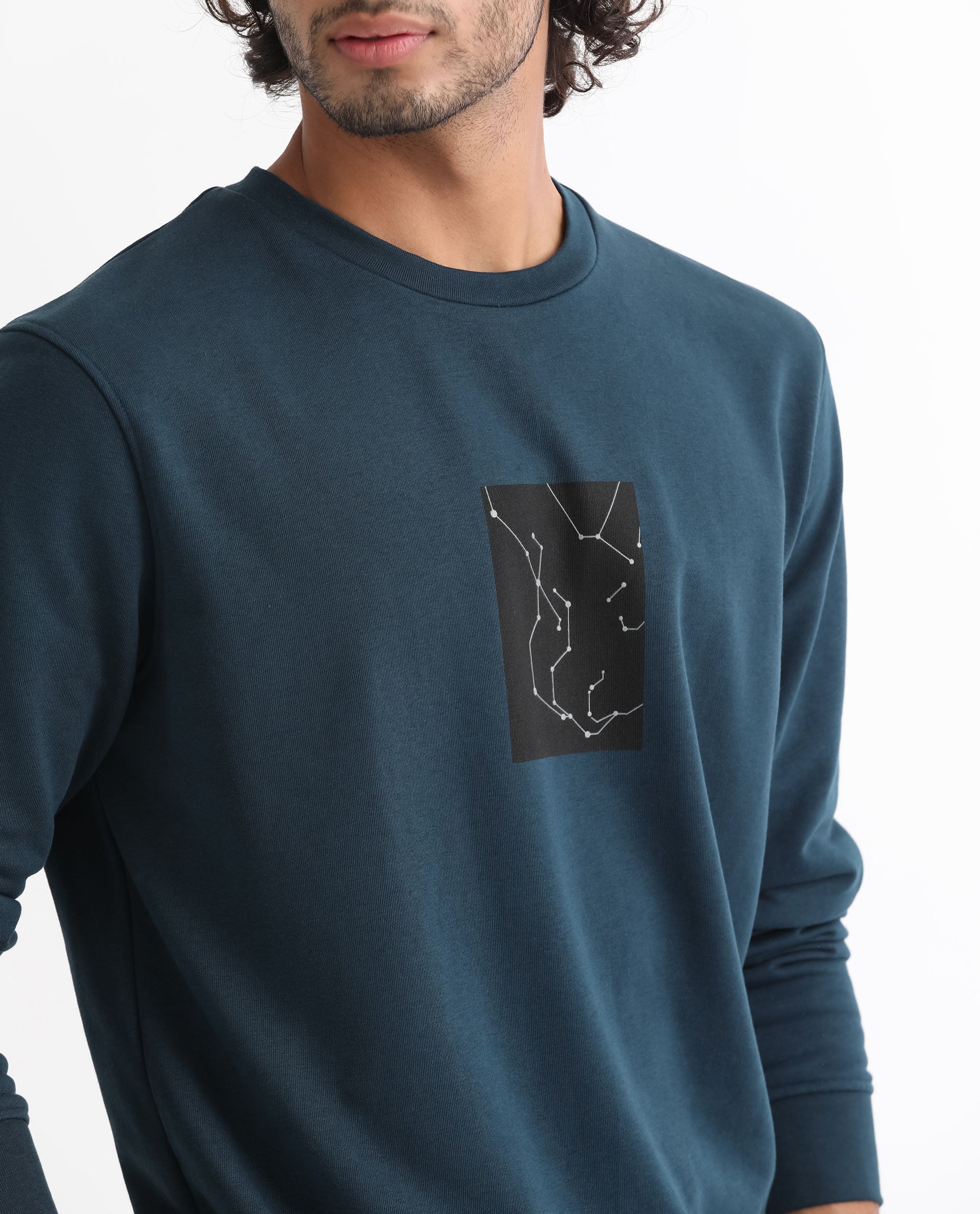 Rare Rabbit Men's Bexx Petrol Cotton Graphic Print Regular Fit Full Sleeve Crew Neck Sweatshirt - Image 4