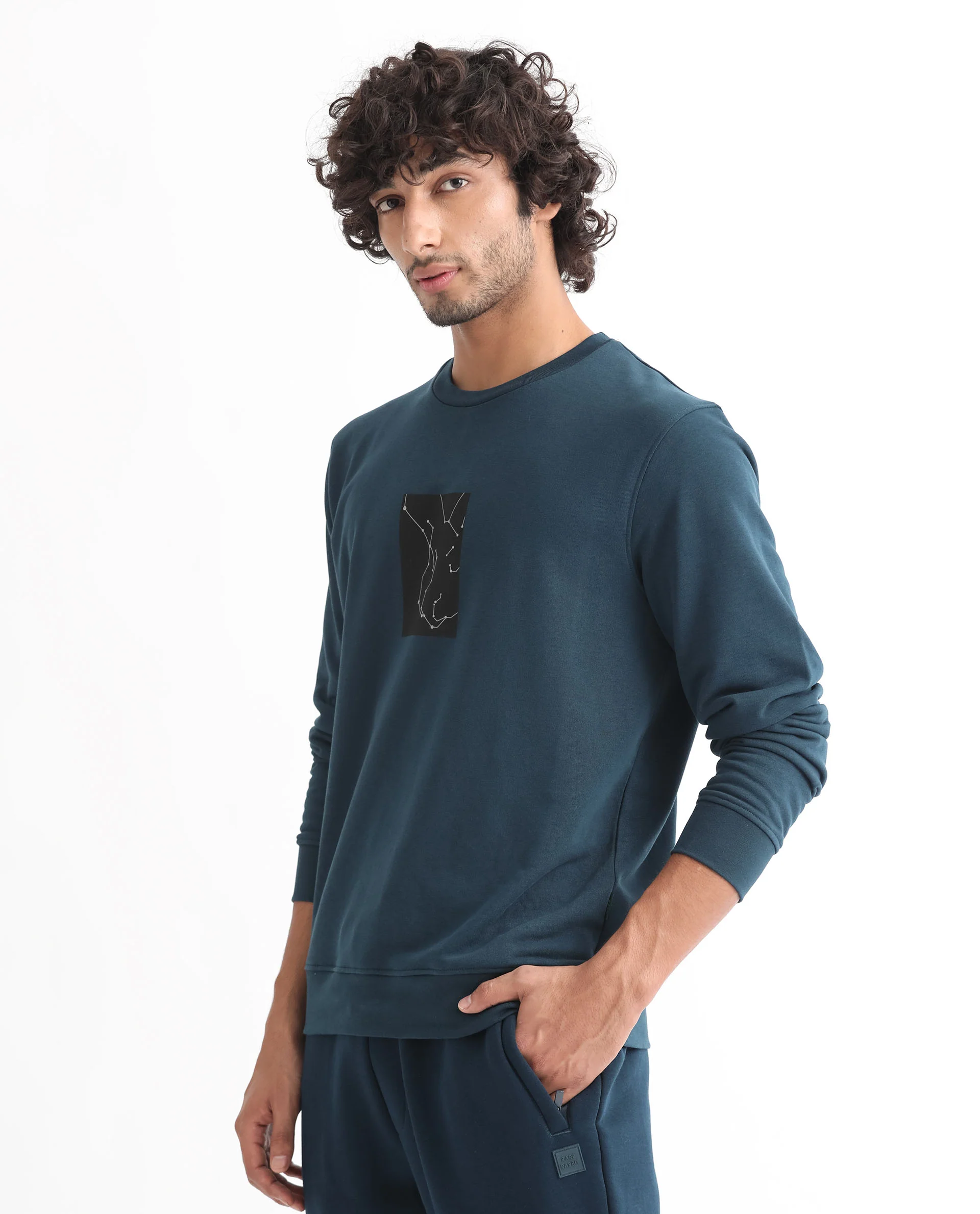 Rare Rabbit Men's Bexx Petrol Cotton Graphic Print Regular Fit Full Sleeve Crew Neck Sweatshirt - Image 5