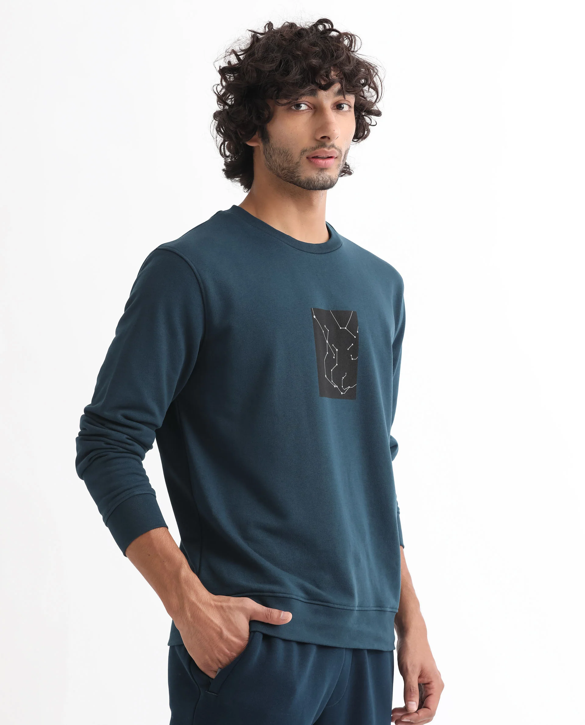 Rare Rabbit Men's Bexx Petrol Cotton Graphic Print Regular Fit Full Sleeve Crew Neck Sweatshirt - Image 6