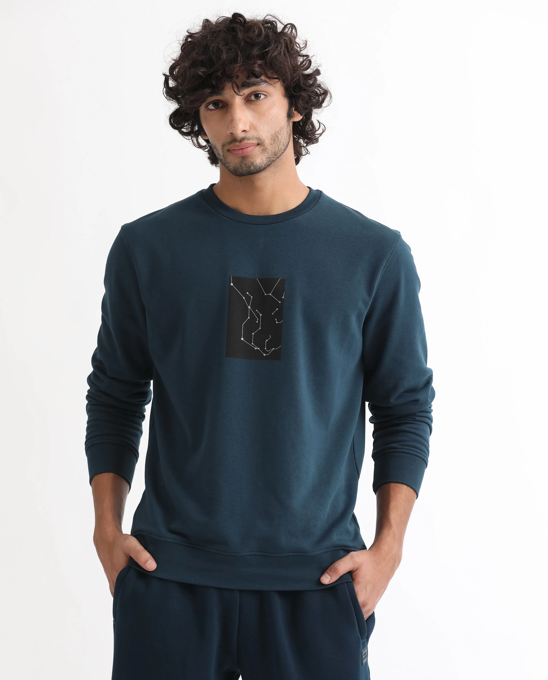 Rare Rabbit Men's Bexx Petrol Cotton Graphic Print Regular Fit Full Sleeve Crew Neck Sweatshirt - Image 7