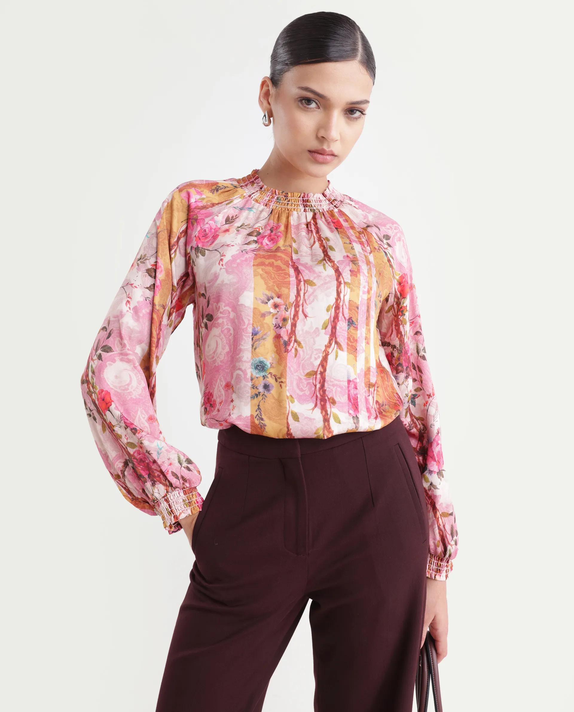 Rareism Women's Bexx Multi Cotton Blend High Neck Floral Print Bishop Sleeve Regular Fit Top