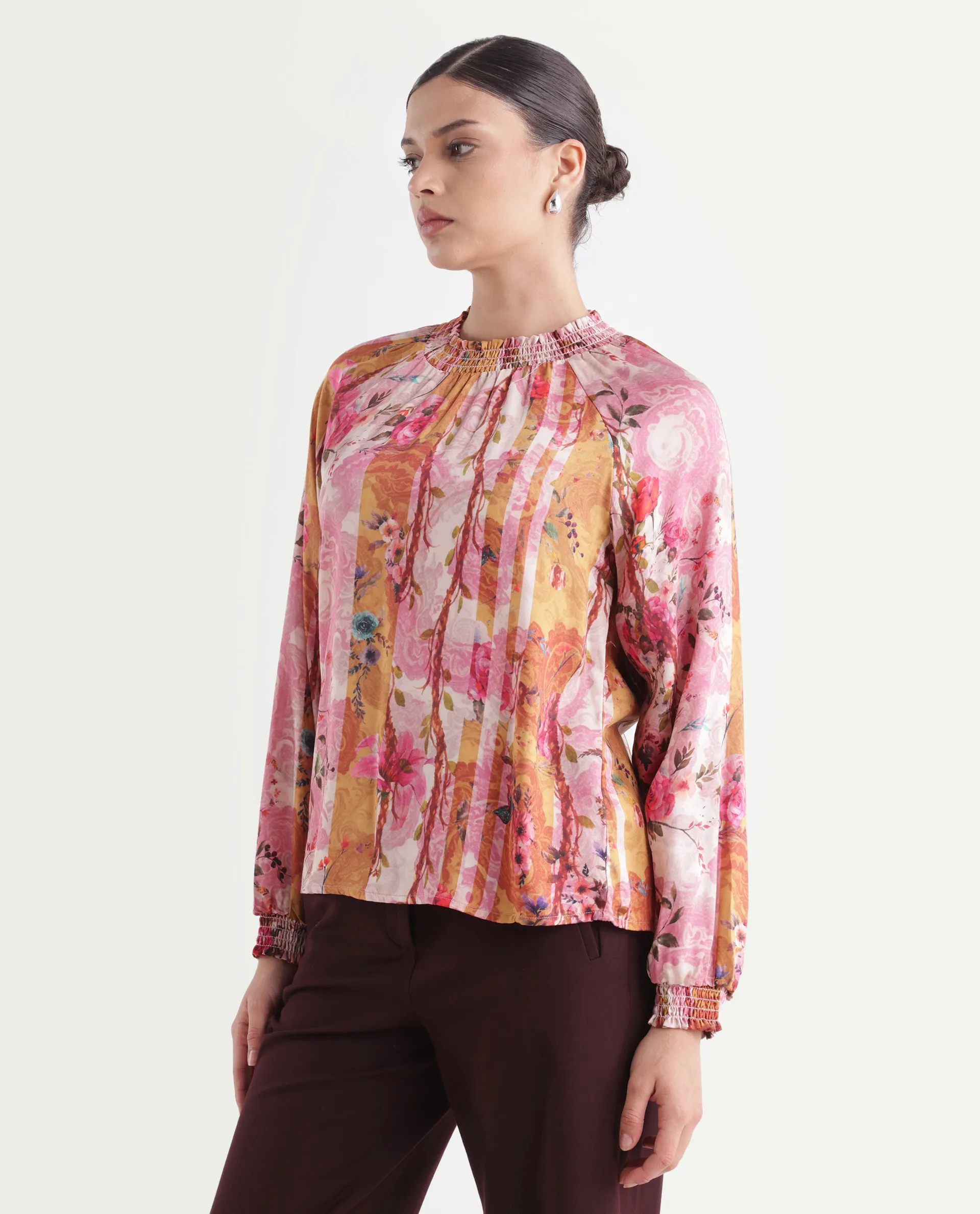 Rareism Women's Bexx Multi Cotton Blend High Neck Floral Print Bishop Sleeve Regular Fit Top - Image 3