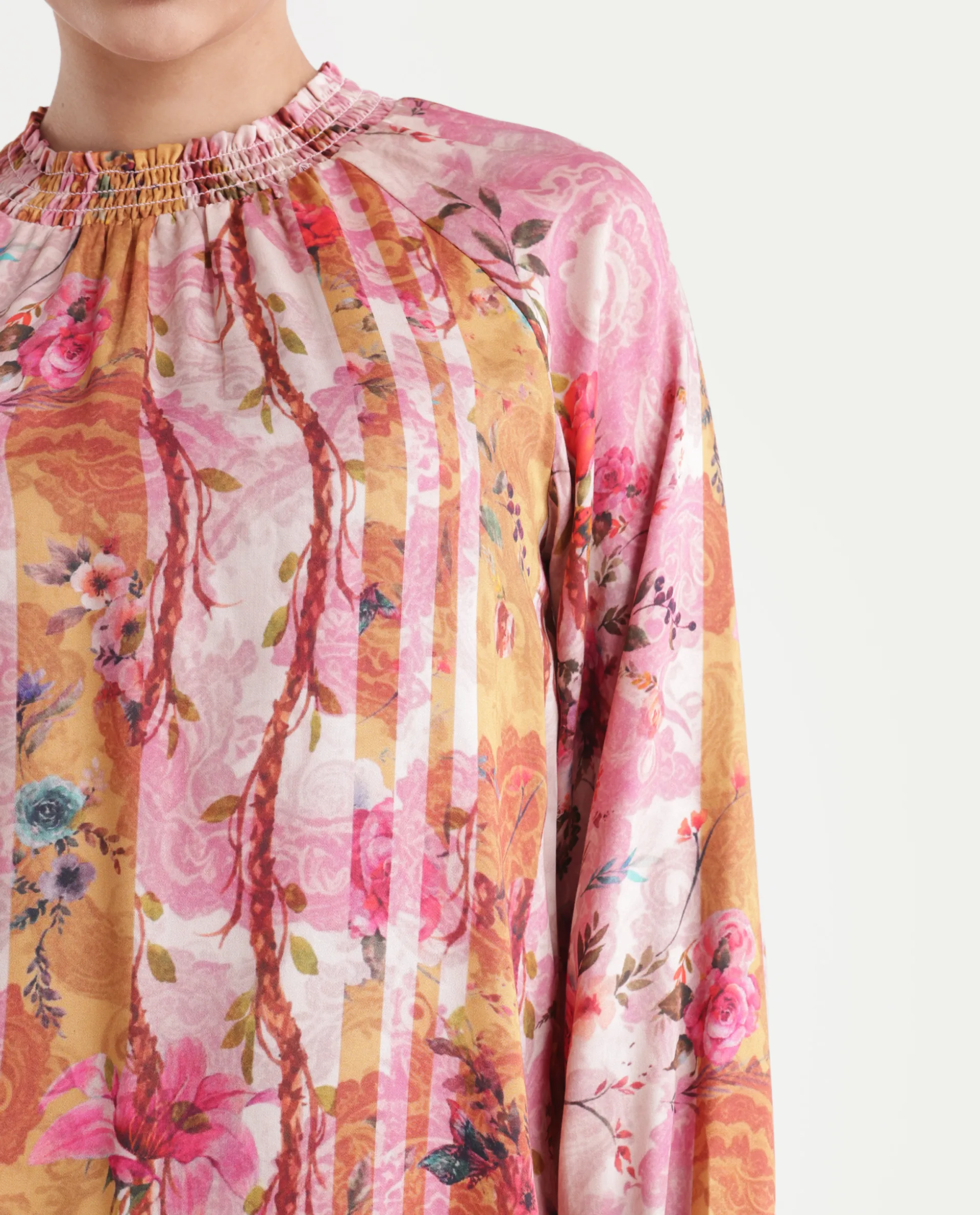 Rareism Women's Bexx Multi Cotton Blend High Neck Floral Print Bishop Sleeve Regular Fit Top - Image 4